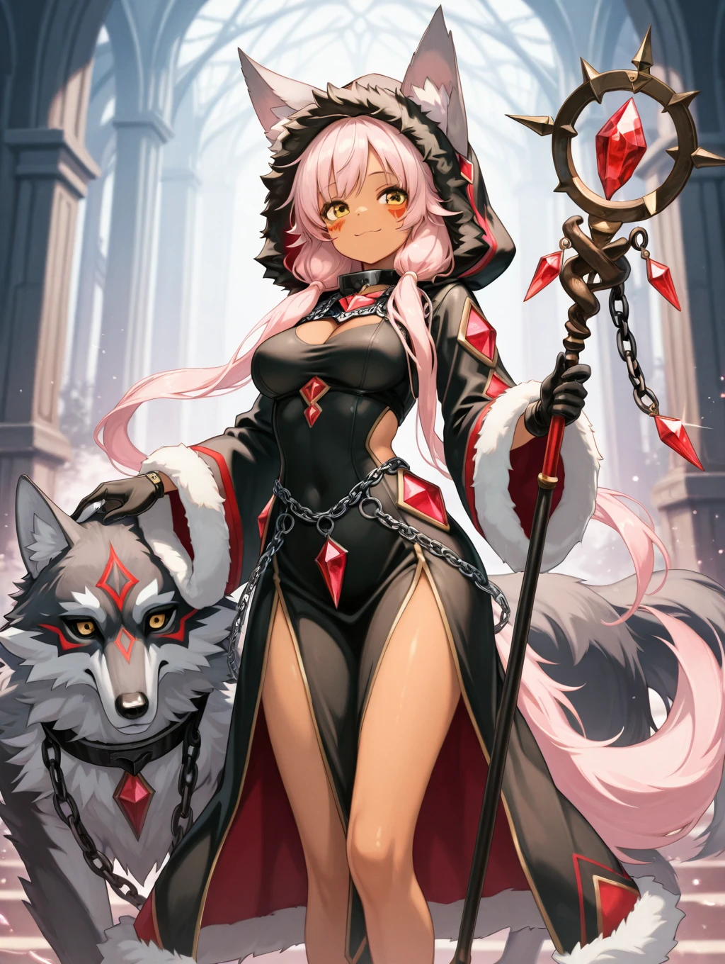 lupina, 1girl, solo, long hair, smile, long sleeves, dress, wolf ears, twintails, medium breasts, long hair, standing, wolf tail, yellow eyes, black gloves, pink hair, dark skin, hood, wide sleeves, holding staff, black dress, fur trim, clothing cutout, sparkle, glowing, chain, animal, gem,


masterpiece, best quality,amazing quality, very aesthetic, absurdres, depth of field, blurry background, extremely detailed face, detailed eyes