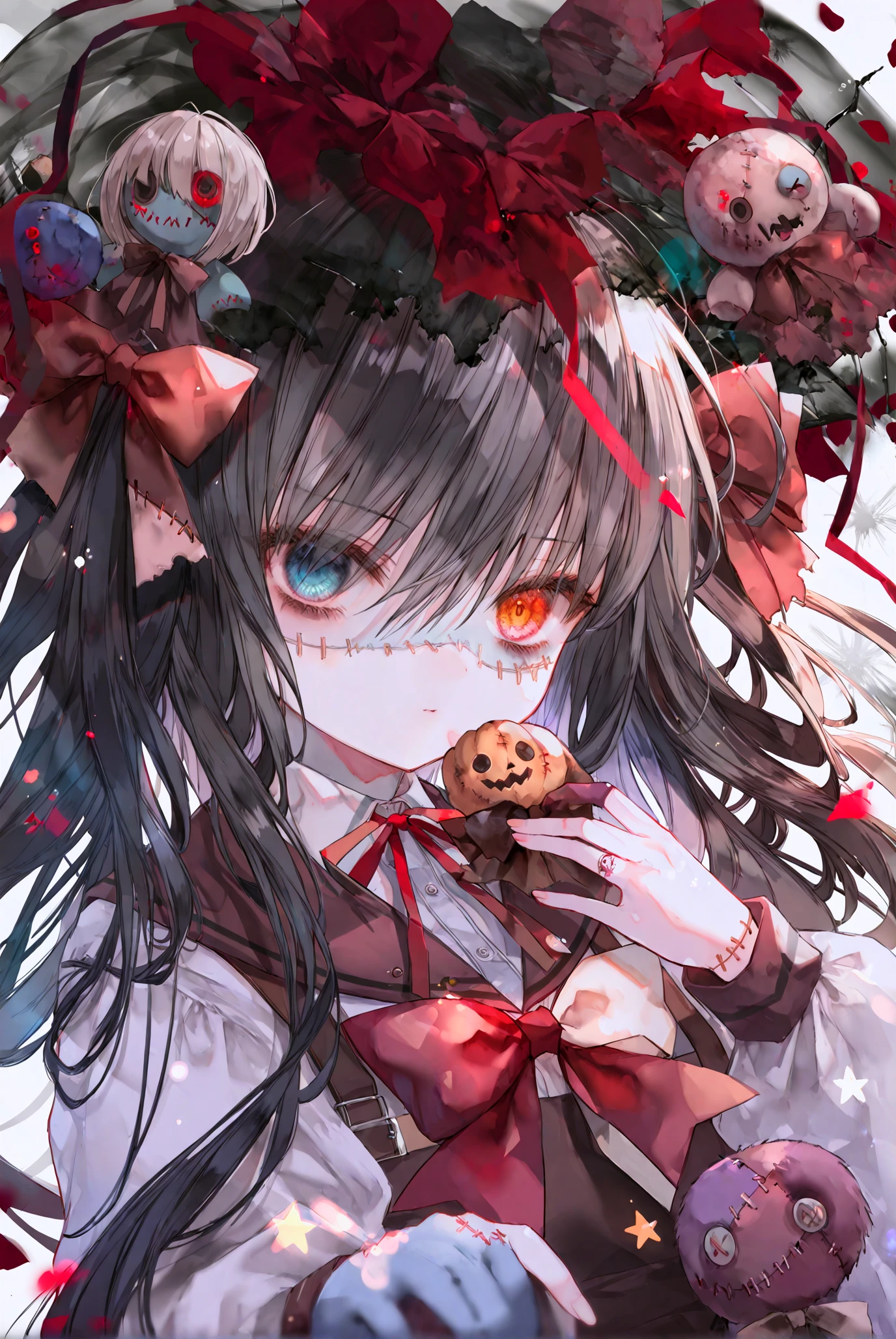 1girl, 
solo, heterochromia, long hair, bow, stitches, blue eyes, red bow, black hair, hair bow, long sleeves, white background, dress, looking at viewer, shirt, red eyes, bangs, white shirt, hair between eyes, upper body, bowtie, brown bow, stitched face, simple background, brown dress, scar, sailor collar, brown sailor collar, zombie, collared shirt, patchwork skin, star, (symbol:1.1), very long hair, red bowtie, closed mouth, multicolored hair, orange eyes, hands up, grey dress, pinafore dress, cracked skin, colored skin, puffy long sleeves, school uniform, A young girl with dark hair and blue eyes. she has a serious expression on her face and is holding two small dolls in front of her face. the background is white and there are several speech bubbles above her head with japanese characters written on them. the girl appears to be deep in thought, with her hand covering her mouth.,
1girl, solo, heterochromia, long hair, bow, stitches, blue eyes, red bow, black hair, hair bow, long sleeves, white background, dress, looking at viewer, shirt, red eyes, bangs, white shirt, hair between eyes, upper body, bowtie, brown bow, stitched face, simple background, brown dress, scar, sailor collar, brown sailor collar, zombie, collared shirt, patchwork skin, star (symbol:1.1), very long hair, red bowtie, closed mouth, multicolored hair, orange eyes, hands up, grey dress, pinafore dress, cracked skin, colored skin, puffy long sleeves, school uniform, puffy sleeves
<lora:ãã«ã­ãP1-000168:1>. 1girl, solo, heterochromia, long hair, bow, stitches, blue eyes, red bow, black hair, hair bow, long sleeves, white background, dress, looking at viewer, shirt, red eyes, bangs, white shirt, hair between eyes, upper body, bowtie, brown bow, stitched face, simple background, brown dress, scar, sailor collar, brown sailor collar, zombie, collared shirt, patchwork skin, star symbol, very long hair, red bowtie, closed mouth, multicolored hair, orange eyes, hands up, grey dress, pinafore dress, cracked skin, colored skin, puffy long sleeves, school uniform, puffy sleeves.
 <lora:ãã«ã­ãP1-000168:1>