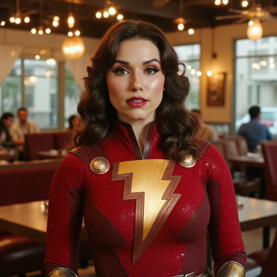 (A cinematic shot of <lora:Grace_Caroline_Currey:1> a young woman with a light to medium skin tone. a stunning female model, wavy hair, makeup and mascara. She is dressed as "Mary Marvel", standing in cafe looking at the viewer)