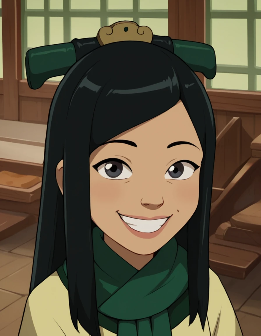 looking at viewer,  <lora:Joo_Dee_ATLA:0.8> , joodeeatla, black hair, black eyes, long hair, dark-skinned female, hair ornament, yellow robes, green sleeves, scarf, grin, score_9, score_8_up, score_7_up, cute,