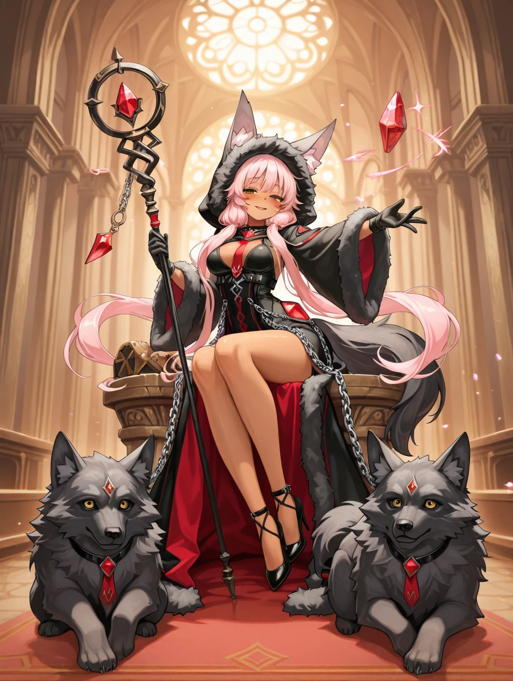 lupina, 1girl, solo, long hair, looking at viewer, blush, smile, open mouth, gloves, long sleeves, dress, holding, animal ears, twintails, medium breasts, very long hair, standing, tail, full body, yellow eyes, weapon, pink hair, parted lips, black gloves, indoors, hand up, dark skin, hood, wide sleeves, black footwear, holding weapon, black dress, arm up, high heels, dark-skinned female, animal ear fluff, fur trim, clothing cutout, sparkle, glowing, chain, animal, half-closed eyes, wolf ears, outstretched arm, staff, gem,

necktie, sitting, chibi

masterpiece, best quality,amazing quality, very aesthetic, absurdres, depth of field, blurry background, extremely detailed face, detailed eyes