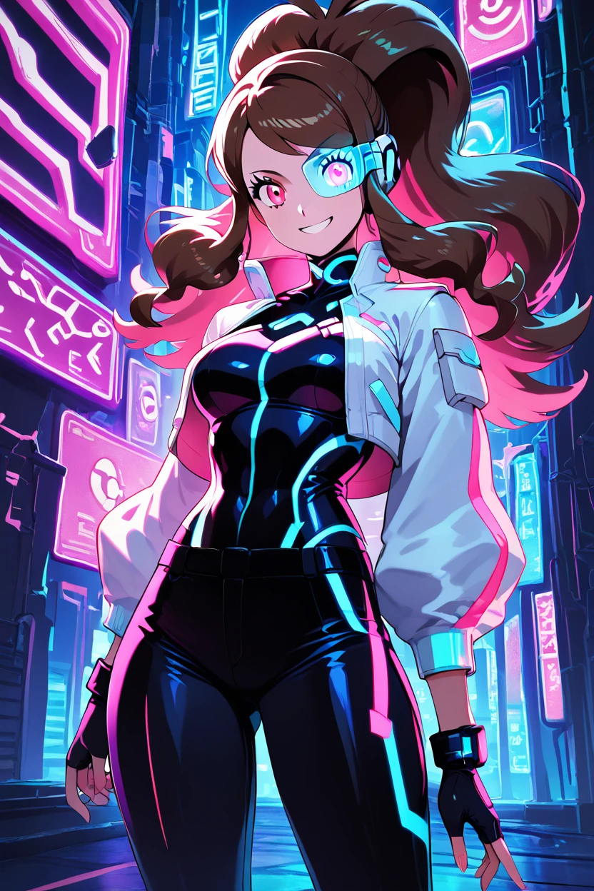 score_9, score_8_up, score_8, medium breasts, (curvy), cute, eyelashes,       ,,, ,  zzHildaLuxCitron, pink eyes, brown hair, high ponytail, long hair, multicolored hair, pink hair, ponytail, sidelocks,  white jacket, long sleeves, shiny, pants, black gloves, cyberpunk, scouter,  <lora:HildaLuxVoltPDXL:1>,  , BREAK, smile, looking at viewer, cowboy shot, ,,, embedding:zPDXL, <lora:theButcherXPDXL:0.8>,