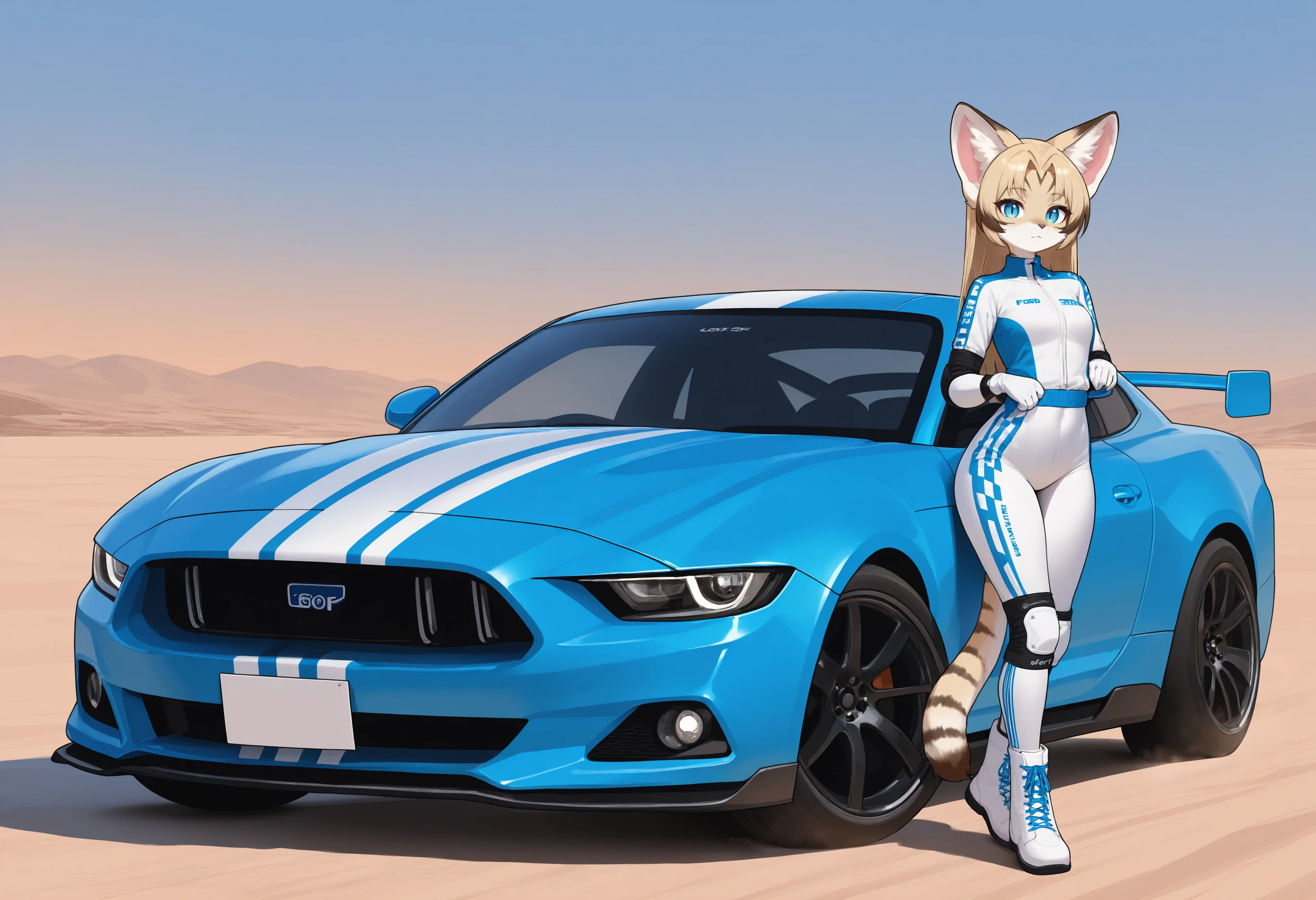 masterpiece, best quality, hi res, absurd res, new, newest, 2024, 2023, 2022, rendered, illustration, digital media \(artwork\), 
anthro, female, sand cat, light fur, blond fur, stripes, long hair, blonde hair, brown highlights, straight hair, parted bangs, big ears, blue eyes, slit pupils, slim, athletic, small breasts, full body suit, white racing suit, blue stripes, blue laces, elbow pads, knee pads, white boots, ford, ford mustang, blue car, white stripes, race car, sports car,