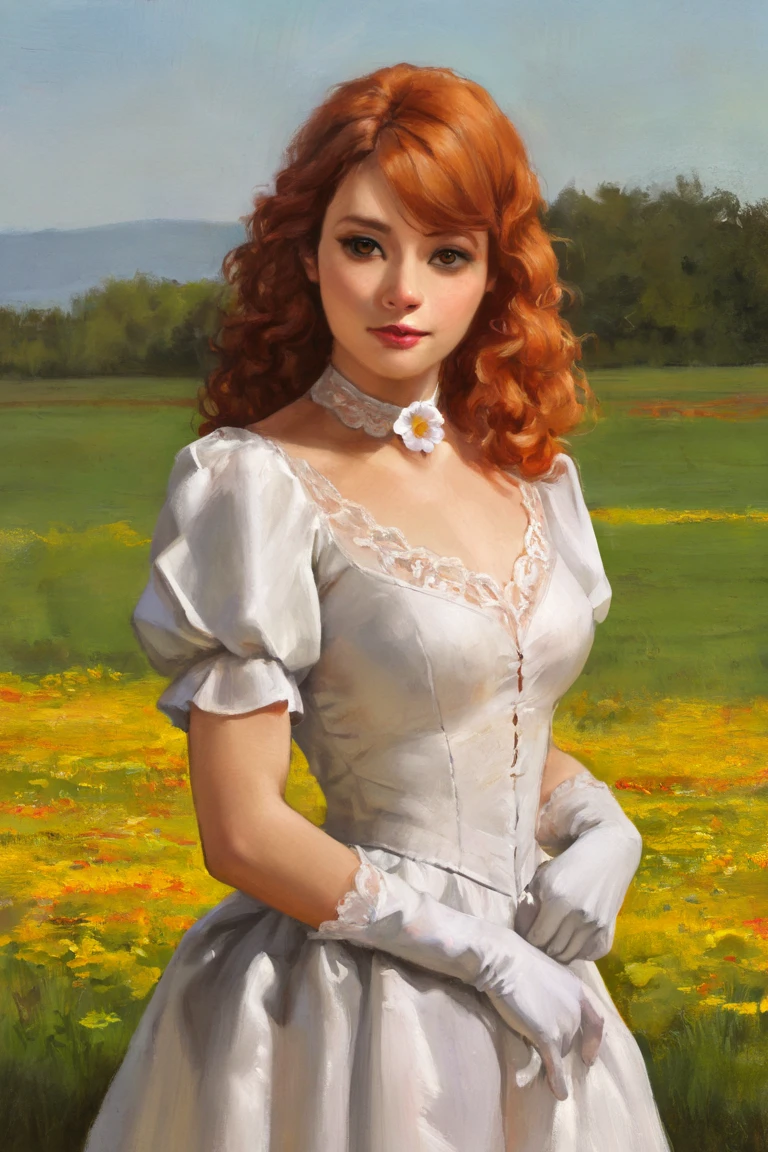 masterpiece, best quality, highres, newest, oil painting, traditional media, realistic, 1girl, solo, medium hair, curly hair, wavy hair, orange hair, swept bangs, brown eyes, lips, lipstick, looking at viewer, medium breasts, choker, medium dress, white dress, lace trim, puffy sleeves, puffy short sleeves, short sleeves, gloves, elbow gloves, white gloves, hand up, cowboy shot, closed mouth, standing, outdoors, field, flower, grass, plant, sky <lora:Oil Painting [LoRA] - NoobAI-XL EPS 1.0:0.8>