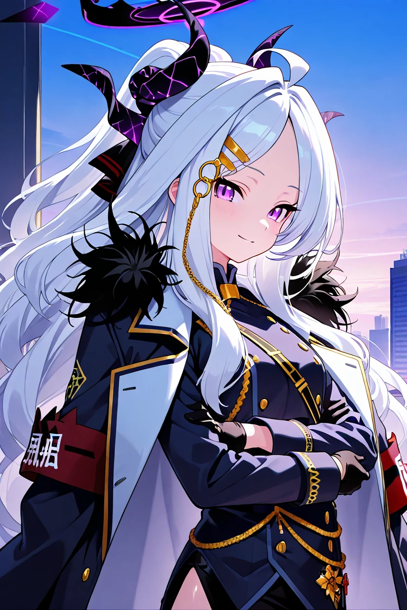 masterpiece, best quality, 1girl, solo, 21 year old model, eyelashes, (beautiful eyes),     ,,, zzHina, purple eyes, long hair, hair ornament, white hair, horns, hina (blue archive), ahoge, halo, multiple horns, parted bangs, skirt, long sleeves, hairclip, black skirt, coat, coat on shoulders, fur trim, black gloves, <lora:HinaBlueArchiveIXL:1.0>, upper body, side view, smile, looking at viewer, shiny skin,