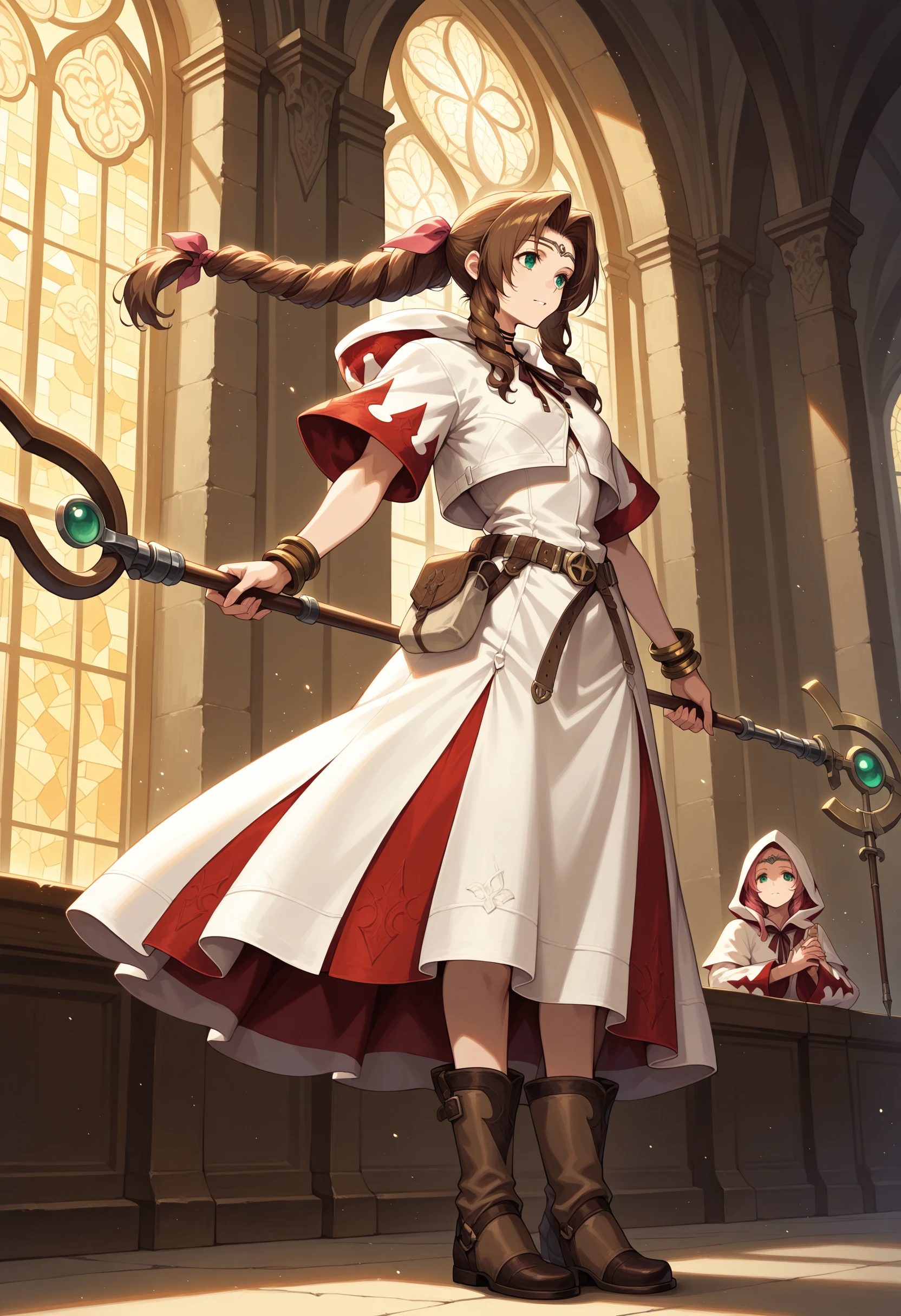 masterpiece, best quality, aerith gainsborough, church, stained glass, white mage, boots, belt, hood, pouch, robe, belt pouch, circlet, <lora:WhiteMageIL:1>, holding, holding staff, floating hair, floating, arms out,