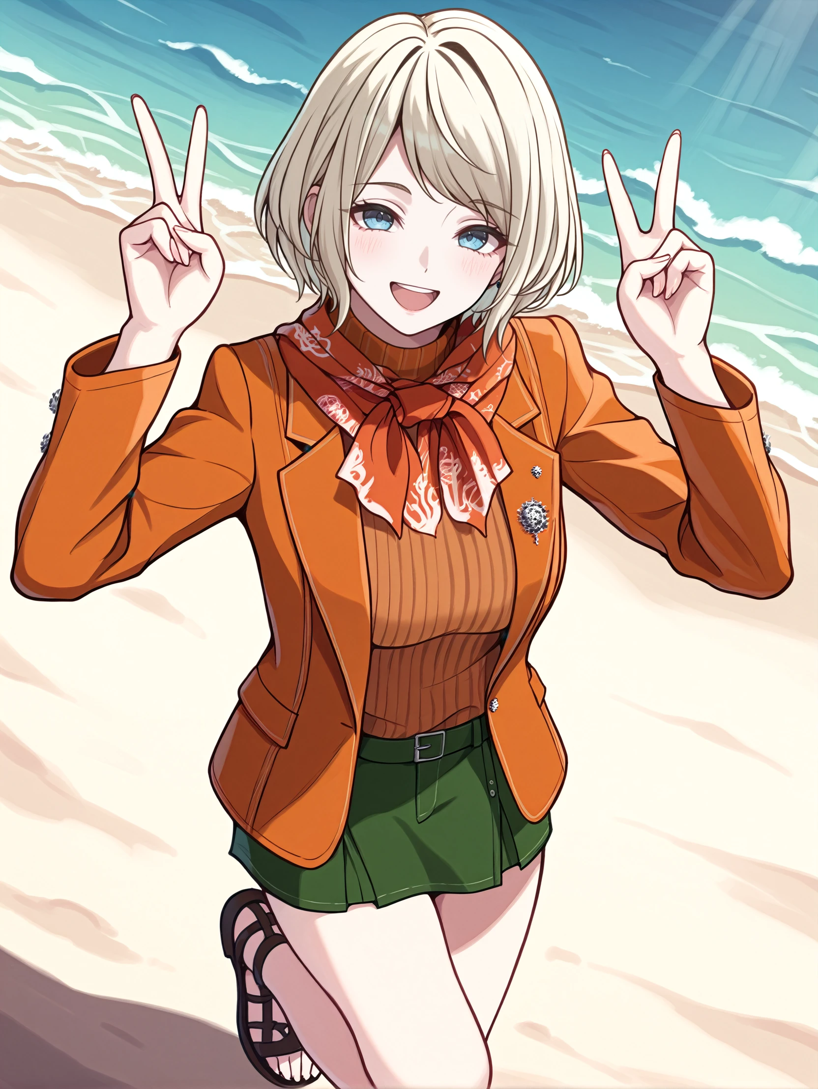 masterpiece, best quality, absurdres,
<lora:RE4Ashley:1.0>
RE4Ashley, 1girl, blonde hair, short hair, blue eyes, looking at viewer, standing on one leg, happy, double v, outdoors, beach