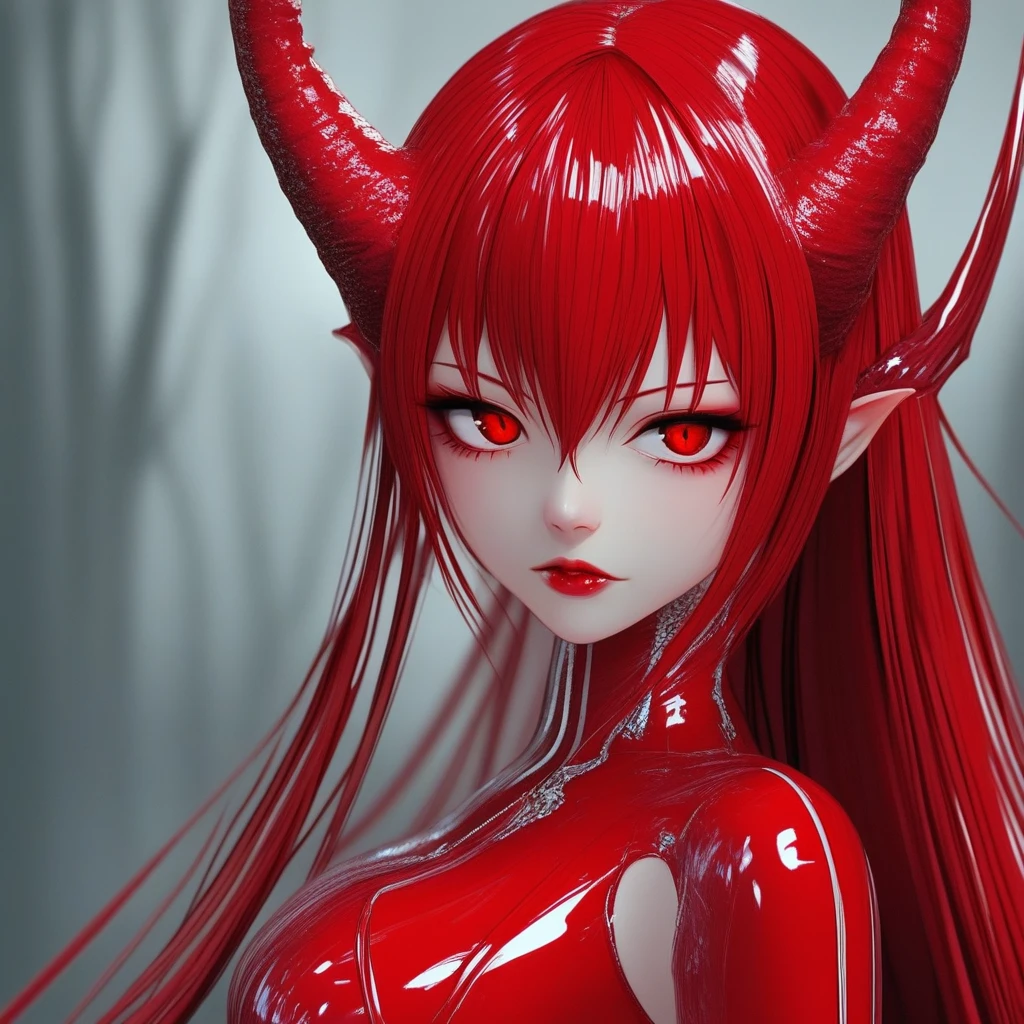 Zerakamb, 1girl, solo, beautiful, pretty, red eyes, red hair, long hair, horns, red suit, latex suit,