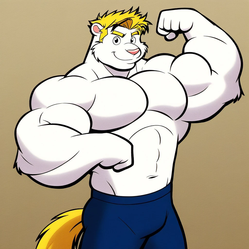 solo male, furry male, white fur, blond hair, short hair, very muscular, standing, looking at viewer, flexing muscles