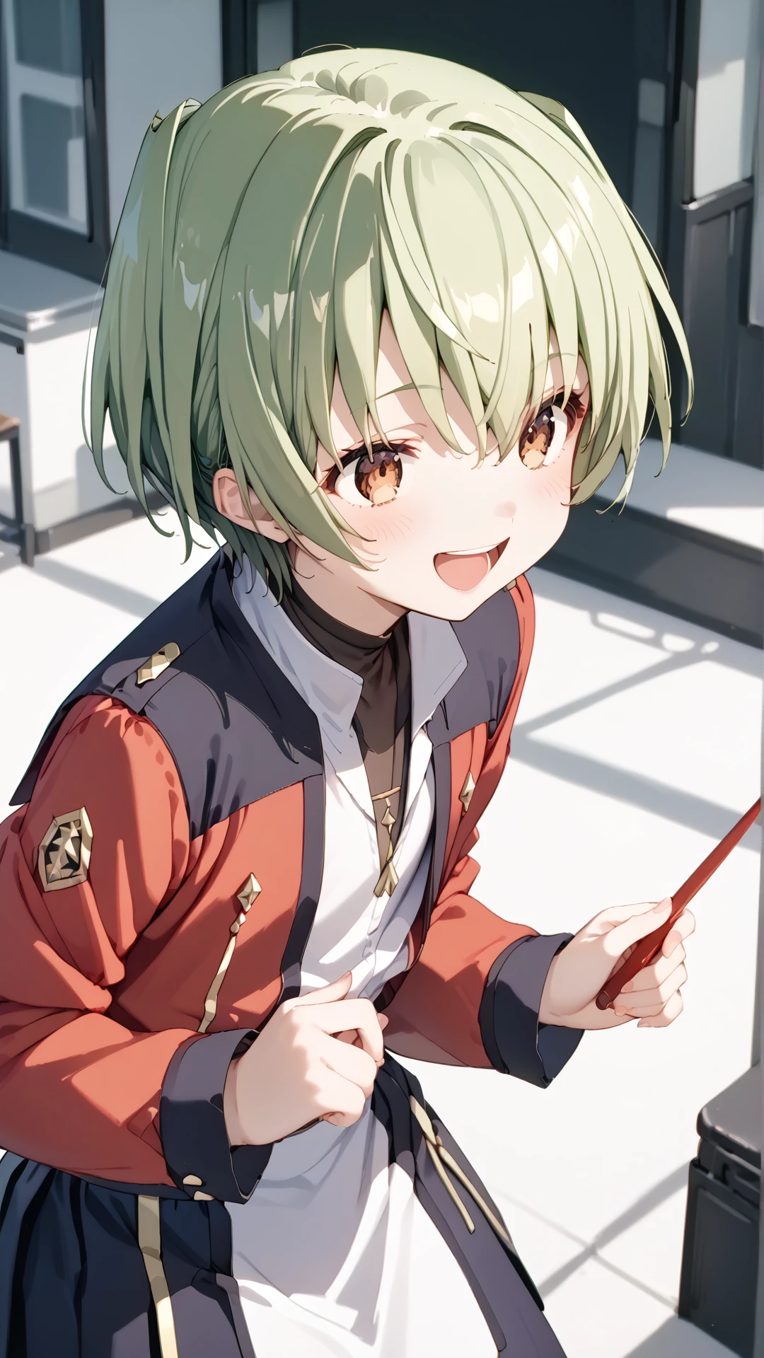 score_9, score_8_up, score_7_up, BREAK source_anime, rating_safe, best quality, masterpiece, uncensored, 1girl, <lora:CarossaMelissa_pony_v1.0:0.8> me1is5a,green hair,short hair,brown eyes,uniform,laugh ,