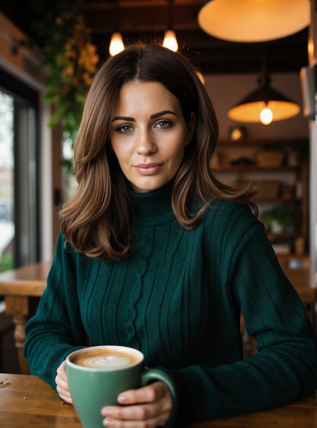 A professional photograph of a 23yo woman Holly_Peers wearing a dark green cableknit sweater in a cafe, holding a latte. Brunette hair, light make-up, detailed skin, bokeh, female focus, (SFW), smile <lora:Holly_Peers:1>