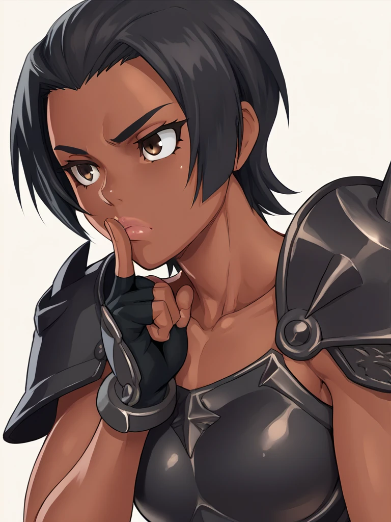 <lora:Mikoyan-PonyXL-1024px-v1.0:1>
score_5_up,   
1girl, solo, hand to chin, index finger raised, looking up, thinking, frown, dark-skinned female, breasts, breastplate, short hair, black hair, brown eyes, lips, shoulder armor, black armor, collarbone, fingerless gloves, simple background