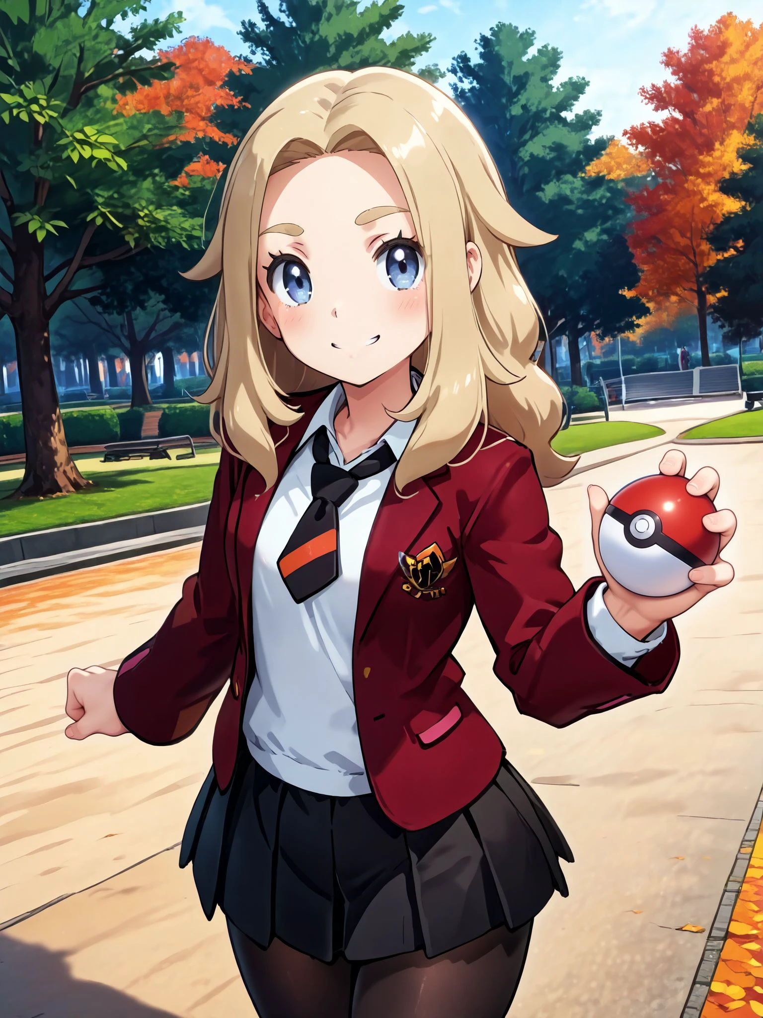 masterpiece,best_quality,1girl,solo,<lora:lass swsh_illustriousXL:0.8>,lass swsh,necktie,red jacket,white shirt,skirt,pantyhose,cowboy shot,smile,looking at viewer,park,thick eyebrows,holding poke ball,