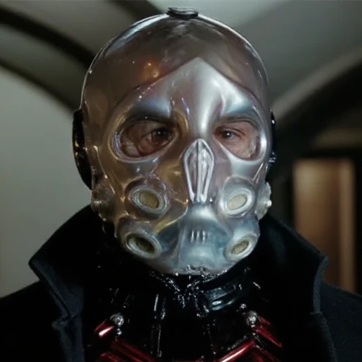 giving it a menacing appearance. The faceplate is a mix of silver and black, with a slightly curved, and silver hues, red, metallic material with a glossy, action-oriented pose, otherworldly ambiance. The person inside the unit is a man with a pale, imposing figure wearing a black trench coat with a high collar, bulbous structure around the eyes