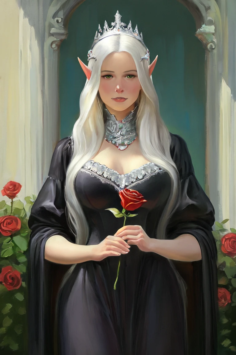 masterpiece, best quality, highres, newest, painterly, faux traditional media, realistic, 1girl, solo, mature female, elf, pointy ears, breasts, long hair, very long hair, white hair, green eyes, portrait, looking at viewer, medium breasts, high collar, long dress, black dress, crown, silver crown, holding, holding flower, rose, red rose, necklace, jewelry, closed mouth, cowboy shot, standing, outdoors, castle <lora:Faux Painting [LoRA] - NoobAI-XL EPS 1.0:0.8>