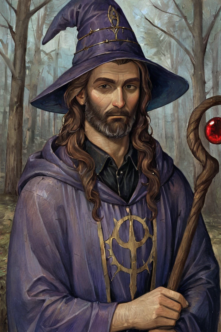 masterpiece, best quality, highres, newest, gothic art, traditional media, realistic, 1boy, solo, male focus, mature male, wizard, long hair, brown hair, black eyes, looking at viewer, hat, facial hair, beard, mustache, staff, wizard hat, purple hat, black shirt, collared shirt, robe, purple robe, hooded cloak, holding, holding staff, upper body, closed mouth, standing, outdoors, forest, nature, tree, fog, dark background <lora:Gothic Art [LoRA] - NoobAI-XL EPS 1.0:0.8>