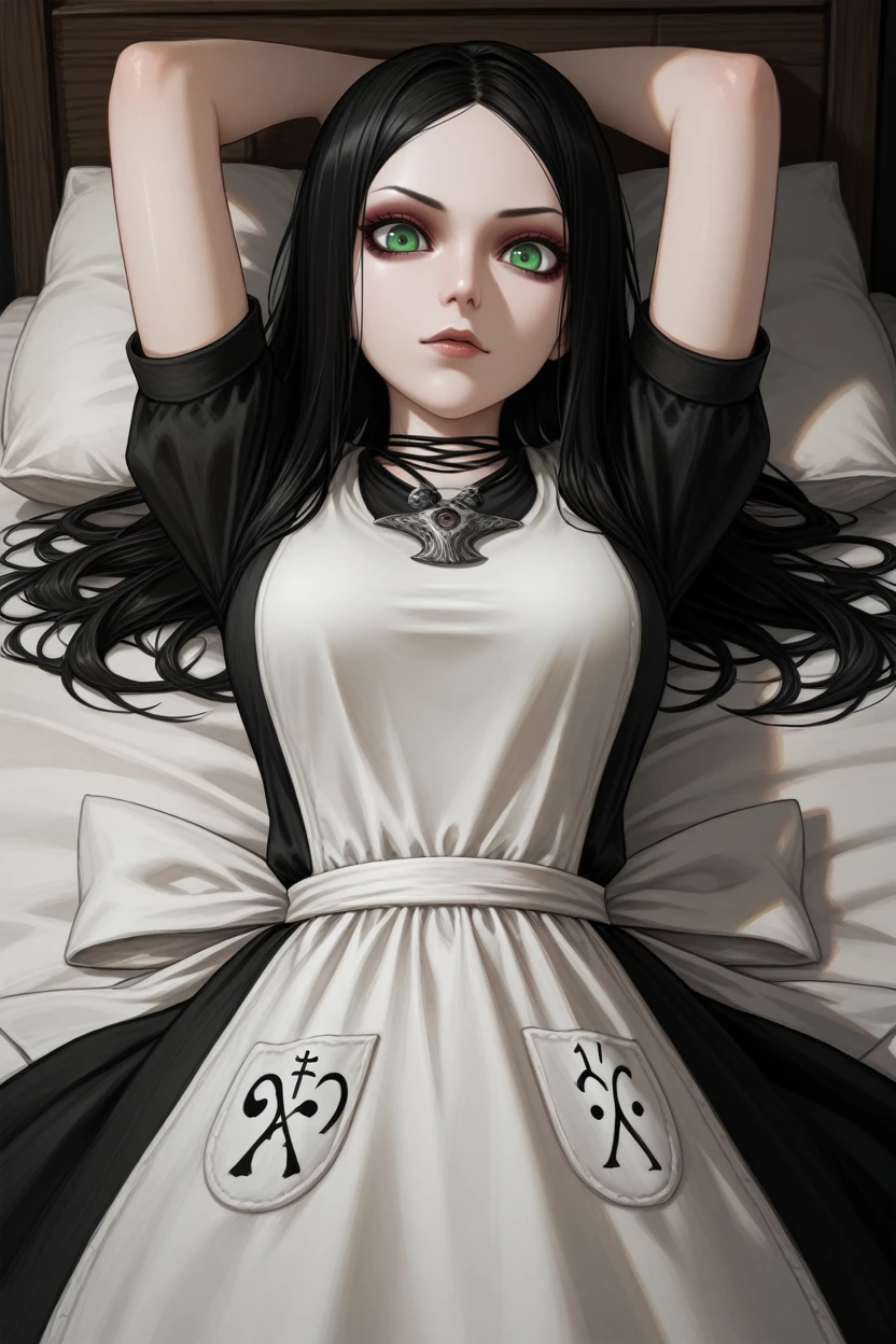 masterpiece, best quality, absurdres,
<lora:AliceMadness:1.0>
AliceMadness, 1girl, black hair, long hair, green eyes, looking at viewer, laying back, looking at viewer, on bed, arms up