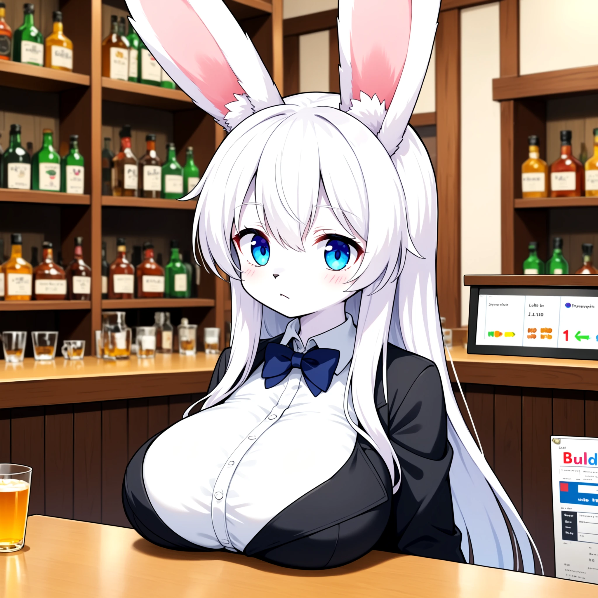 anthropomorphic rabbit, white fur, blue eyes, slim build, large breasts, black outfit, bow tie, pub