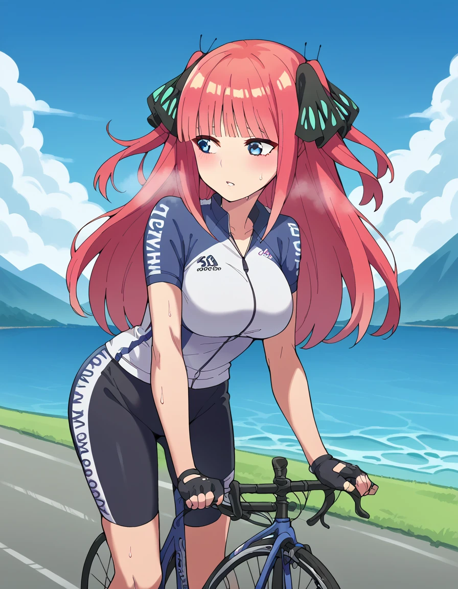 purple hair, two-tone hair, split-color hair, pink hair, blunt bangs, very long hair, purple eyes, . ars old , large breasts, solo, , crying , nipple,　Expressway, Riding a bike