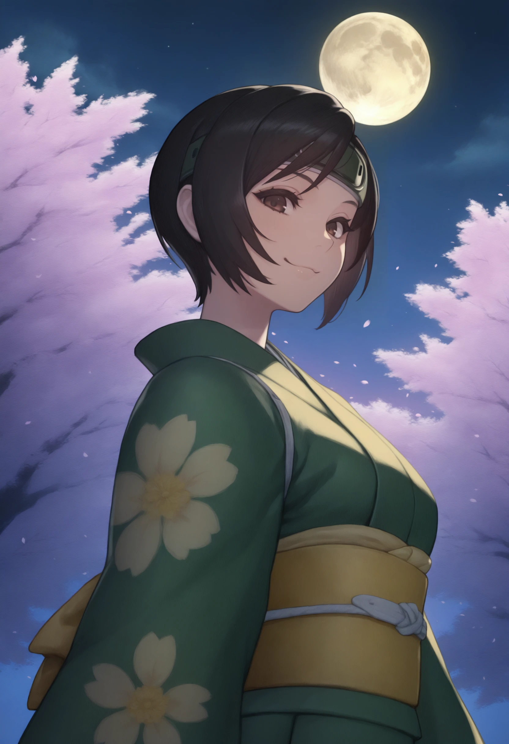 masterpiece, best quality, solo, 1girl, smile, looking at viewer, <lora:Yuffie-illus_Fp:1>,  yuff7, short hair, black hair, brown eyes, forehead protector, green kimono, floral print, outdoors, night, shine, cherry blossoms, moon,