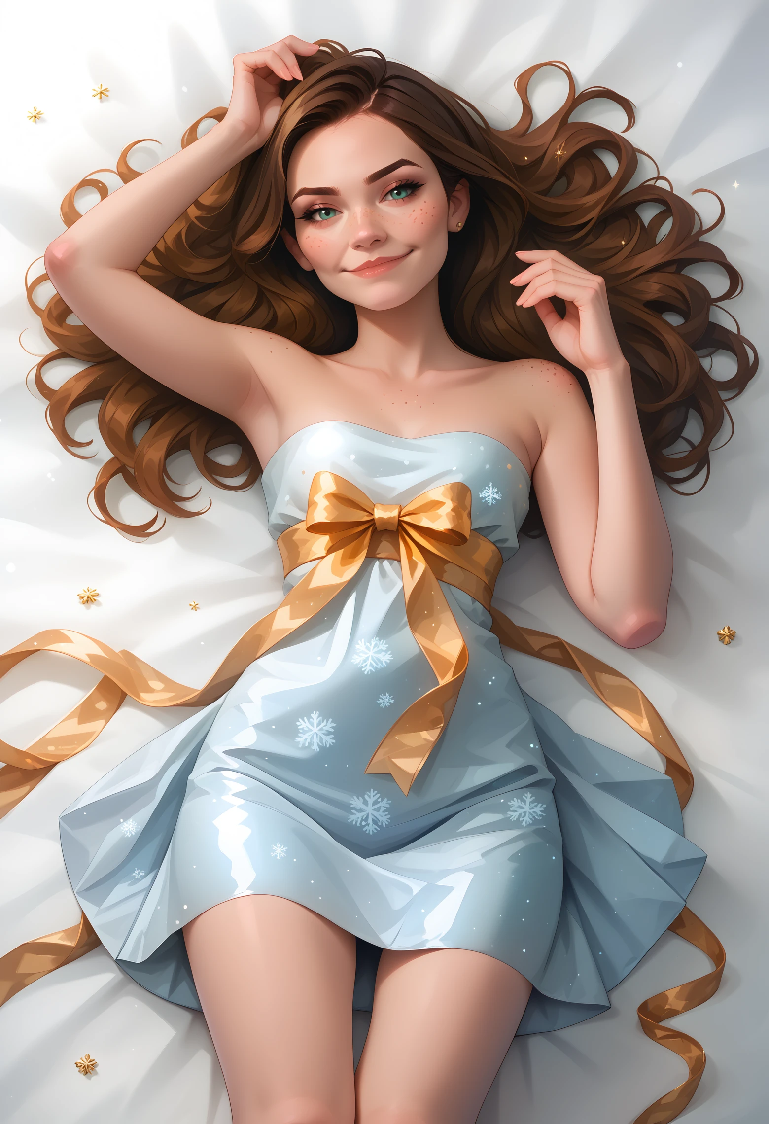 (wr4pp3d:1.3), score_9, score_8_up, score_7_up, 1girl, solo, long hair, brown hair, dress, bare shoulders, panties, lying, on back, strapless, realistic, (gold ribbon:1.1), (gold bow:1.1), snowflake print, freckles, kawai, sparkle, smug, seductive,