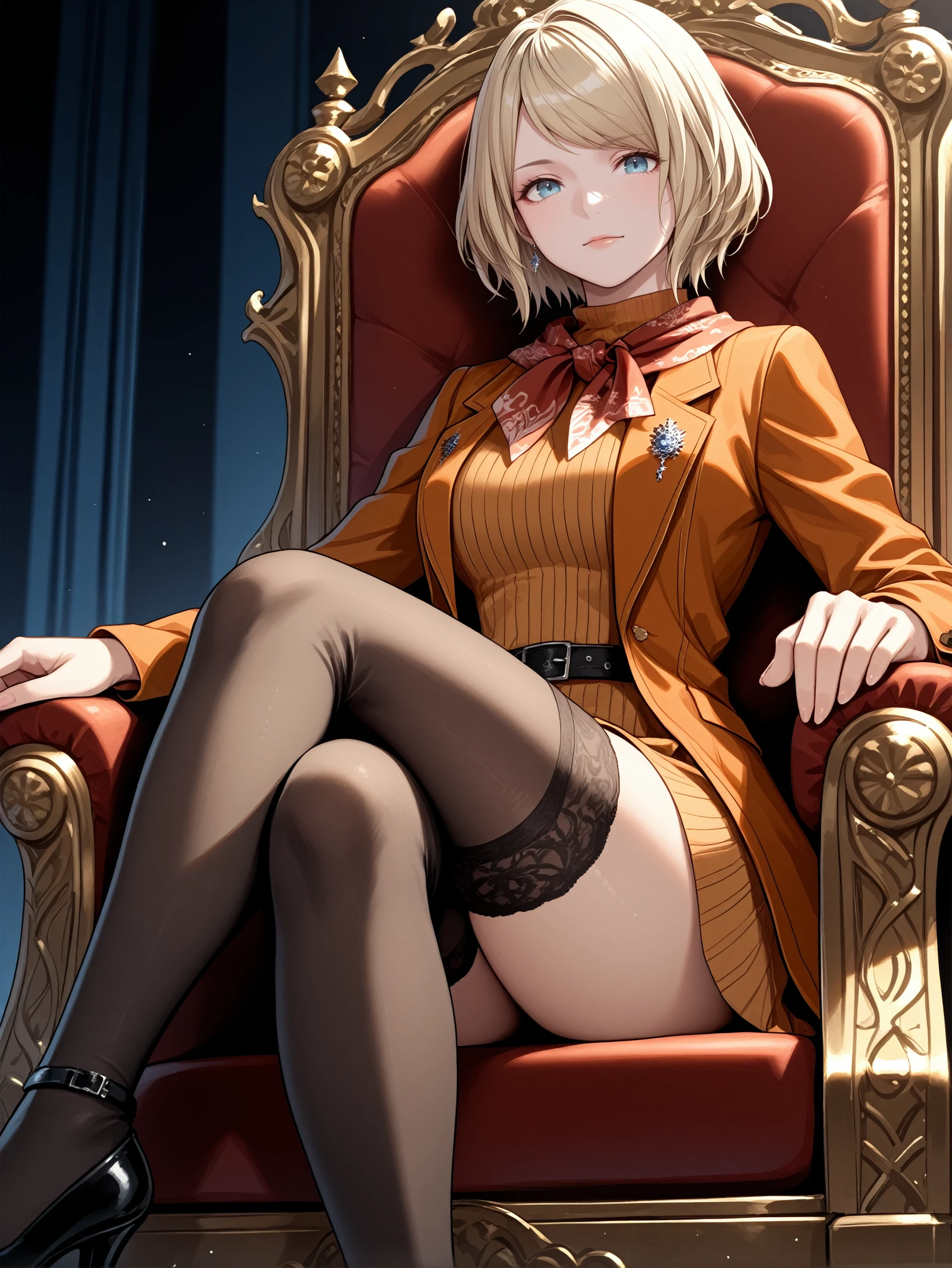 masterpiece, best quality, absurdres,
<lora:RE4Ashley:1.0>
RE4Ashley, 1girl, blonde hair, short hair, blue eyes, looking at viewer, sitting on a throne, legs crossed, thigh highs, high heels, dress, jewelry