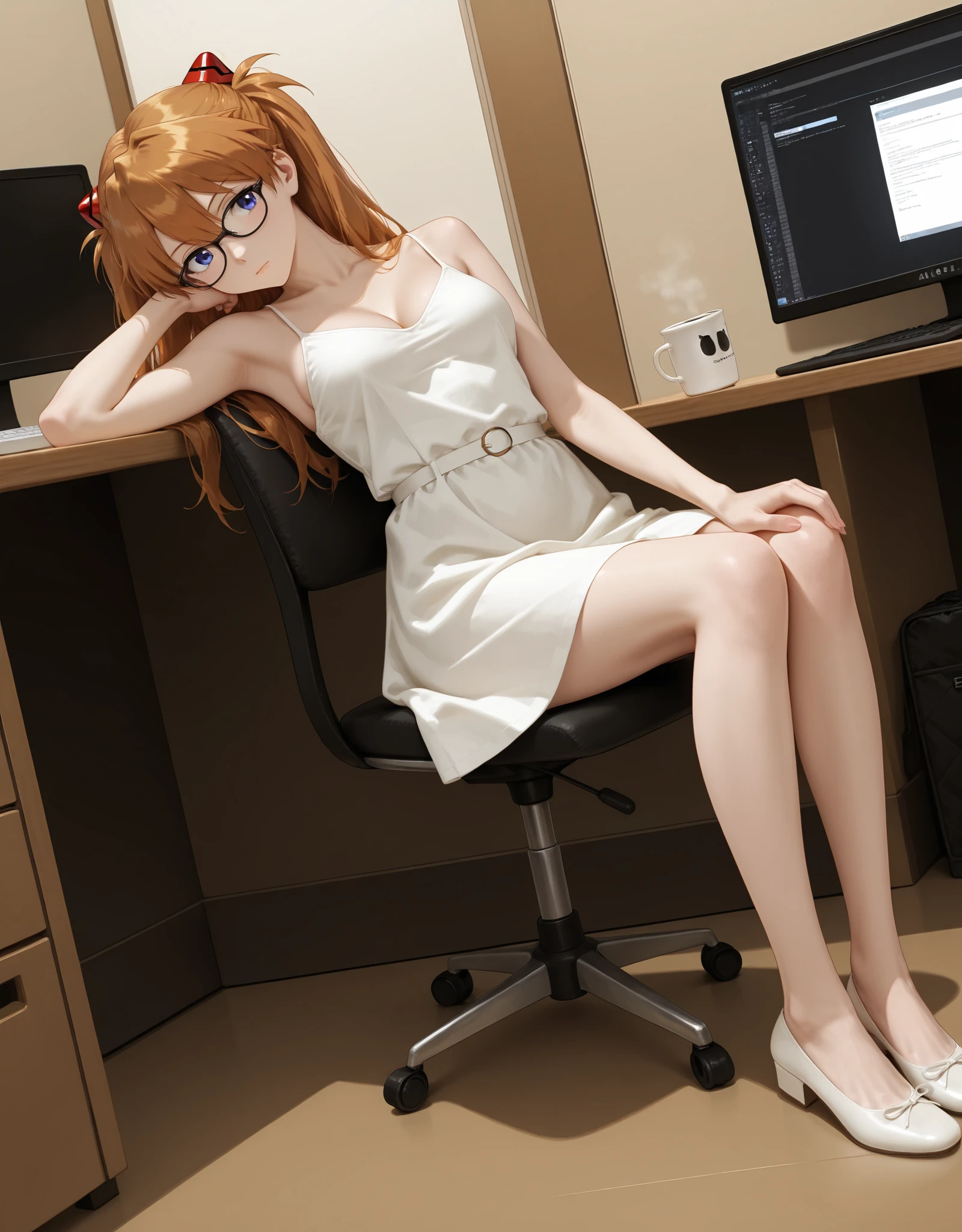 masterpiece,best quality,very aesthetic,zPDXL,1girl,indoor,<lora:flatshoes-000019:0.6>,balletshoesXL1,white footwear,souryuu asuka langley,flat_shoes,sitting,(realistic:0.3),(office lady:0.5),skindentation,skinny,black-framed eyewear,dynamic_angle,dress,at work,in the use of computers,drink coffee,