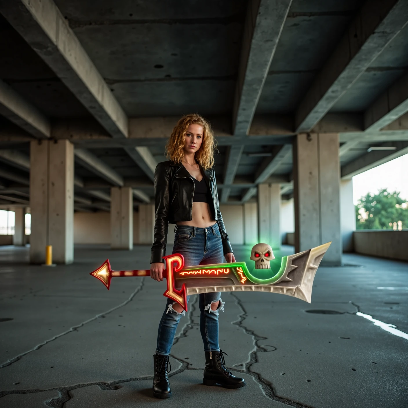 A photorealistic scene of a blonde girl standing in the middle of an abandoned parking garage, holding 'the corrupted greatsword 8shbr1ng3r' in both hands. Her hair, golden and slightly tousled, reflects the dim light filtering through cracks in the concrete ceiling. The massive sword towers above her, its glowing crimson runes casting an eerie red light that contrasts with the cool greys of the environment. The skull motif on the hilt appears to leer at the viewer, adding a menacing presence to the industrial, urban decay around her. The girl’s determined expression and athletic build suggest she’s ready for a fight, her casual outfit of ripped jeans, combat boots, and a leather jacket giving her a modern, gritty edge. Puddles on the cracked concrete reflect the blade’s light, adding realism to the dark and cinematic atmosphere. [object: sword] [theme: corrupted weapon, glowing runes, skull motif] [details: jagged edges, glowing green aura, ornate hilt]