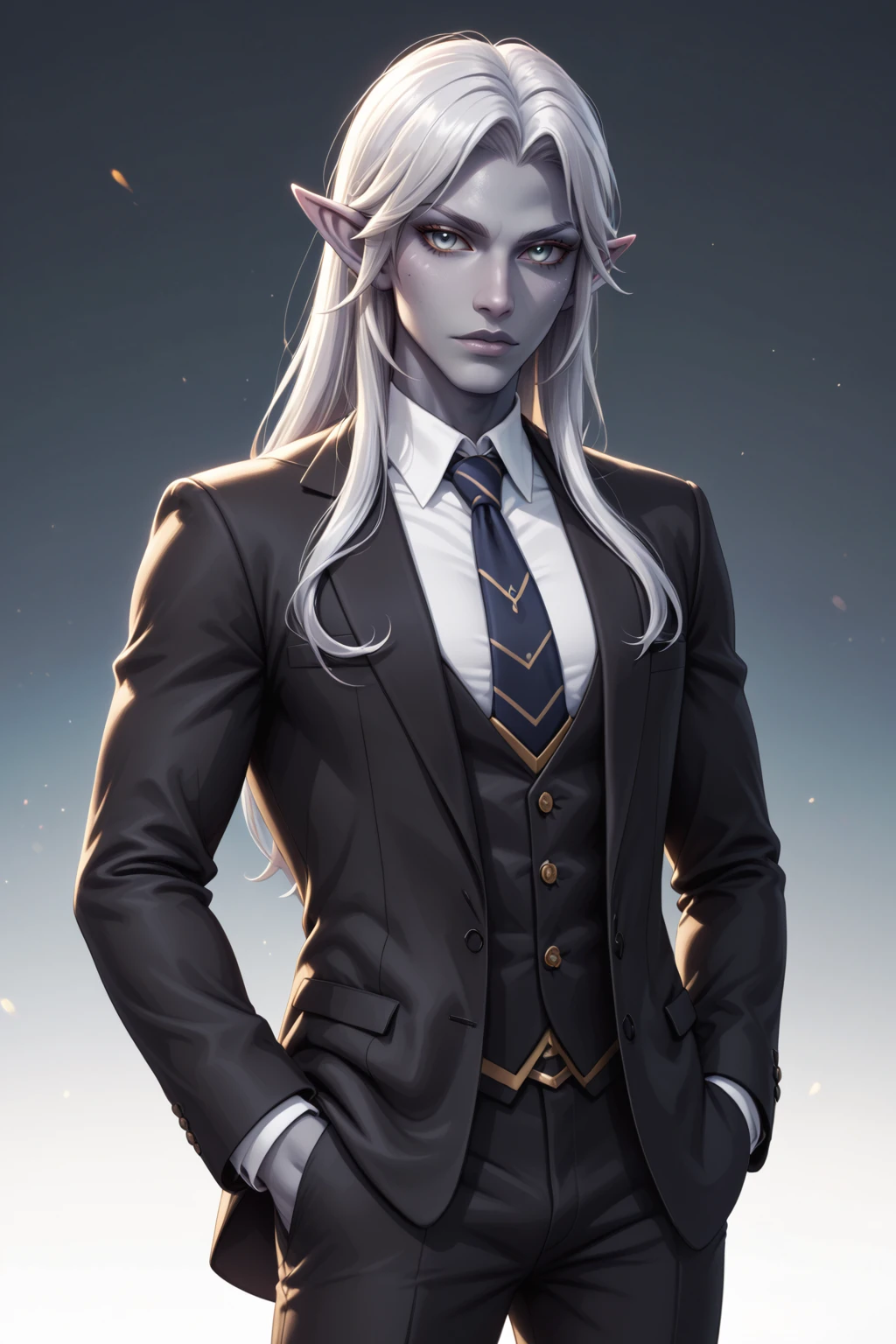 score_9, score_8_up, score_7_up, masterpiece, high quality, BREAK
 <lora:AaravosPonyLora:0.8>aara, long hair, colored skin, grey skin, bangs, pointy ears,black suit, tie, hair slicked back, hands in pocket, serious look,