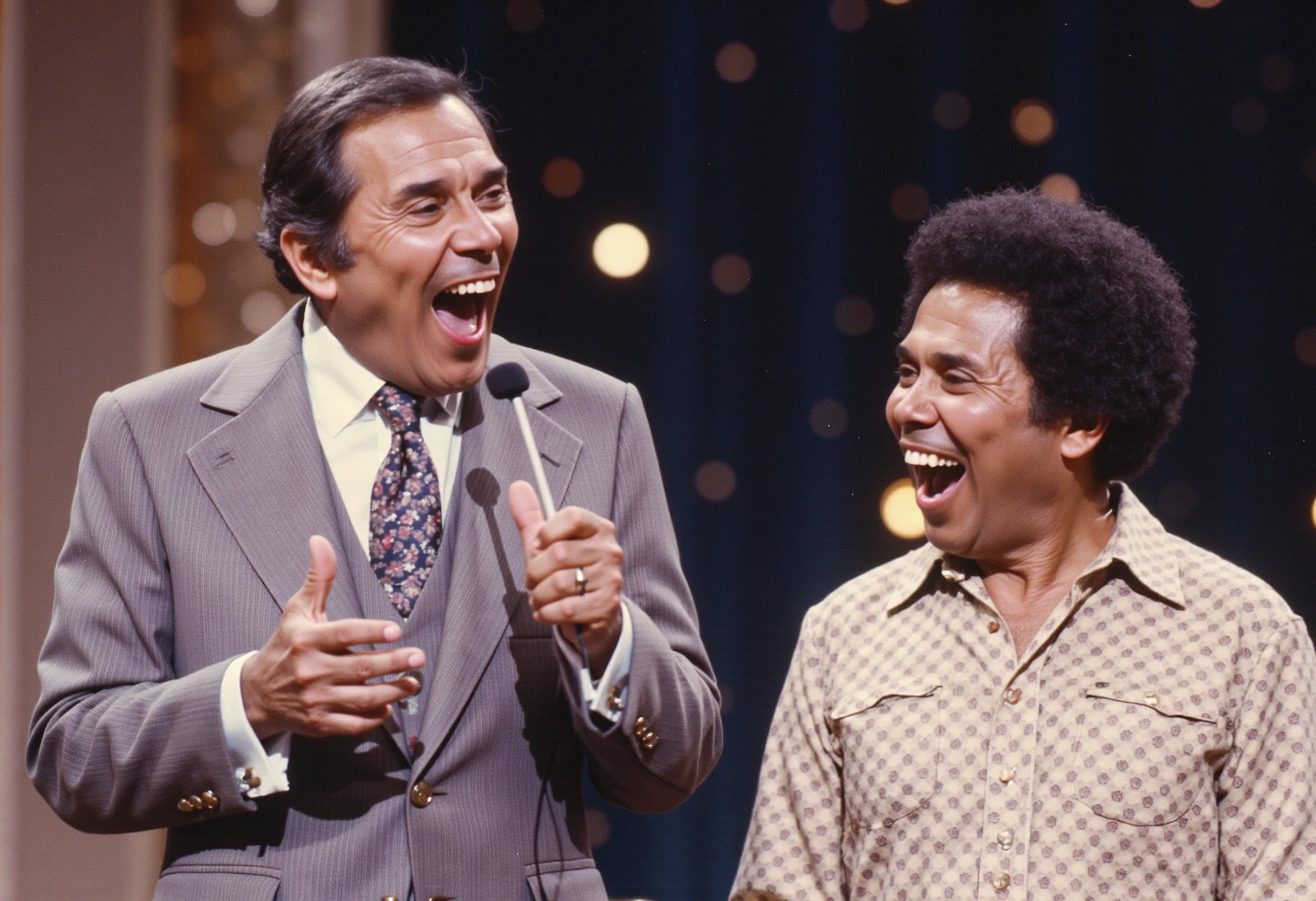 photo, An image of Gene Rayburn yelling, at male celebrity contestant Nipsy Russel with a cropped afro, analog, Kodachrome