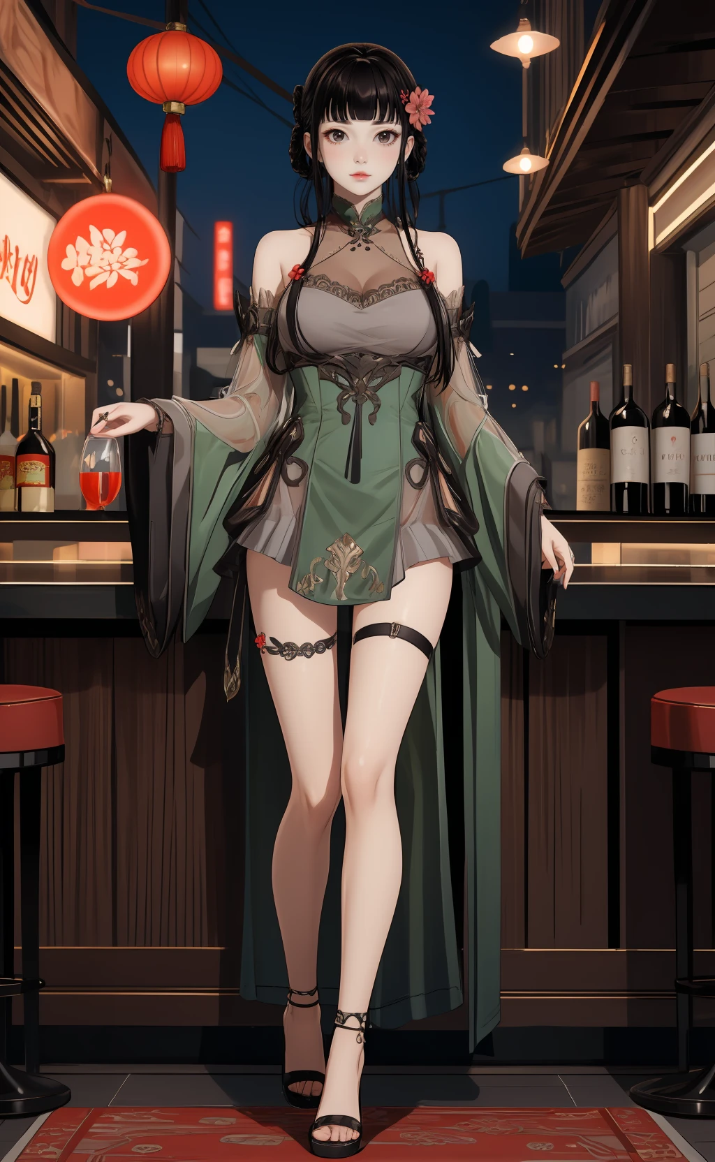 masterpiece,8k high quality detailed,highres,(solo:1.2),rim light,(full body:1.2),in bar,night_club,bar counter,goblet,wine bottles,neon lights,
<lora:AI_Girl_008_v3:0.7>,aigirl008v3,1girl,black hair,long hair,blunt bangs,braid,sidelocks,hair rings,hair ornament,round face,black eyes,lips,medium breasts,chinese clothes,green dress,dress,bare shoulders,detached sleeves,wide sleeves,flower,jewelry,see-through,thigh strap,bare legs,sandals,detailed face,Bored: Unfocused gaze slightly raised eyebrows indicating disinterest apathy or boredom,
<lora:more_details:0.45>,realistic cloth texture,<lora:GoodHands-vanilla:1>,