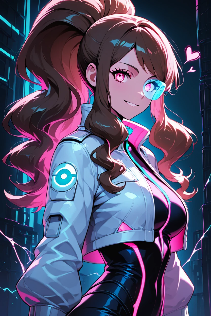 score_9, score_8_up, score_8, medium breasts, (curvy), cute, eyelashes,       ,,,  zzHildaLuxCitron, pink eyes, brown hair, high ponytail, long hair, multicolored hair, pink hair, ponytail, sidelocks,  white jacket, long sleeves, shiny, pants, black gloves, cyberpunk, scouter,  <lora:HildaLuxVoltPDXL:1>, upper body, side view, smile, looking at viewer, shiny skin, embedding:zPDXL, Expressiveh, <lora:SDXLFaeTastic2400:0.5>,  <lora:Expressive_H-000001:0.4>,