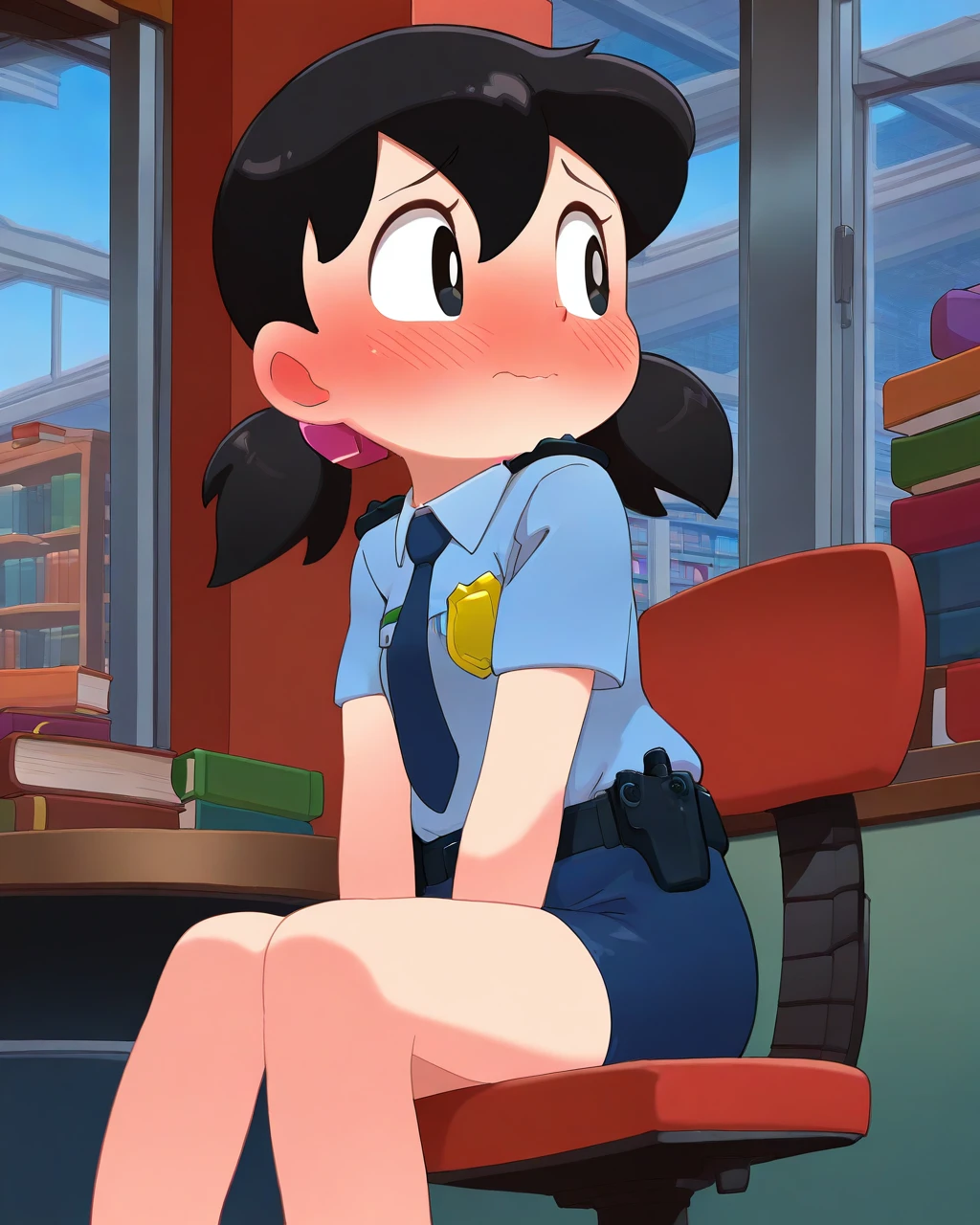 masterpiece, best quality, 1girl, bldmn, solo, minamoto shizuka, black hair, twintails, black eyes, {pink dress|pink shirt, long sleeves, blue short skirt|student uniform|police uniform}, {standing|sitting|walking}, {smile|embarrassed, blush|sad}, {looking at viewer|looking away}, {city|living room, window, cloudy|library, window|classroom}