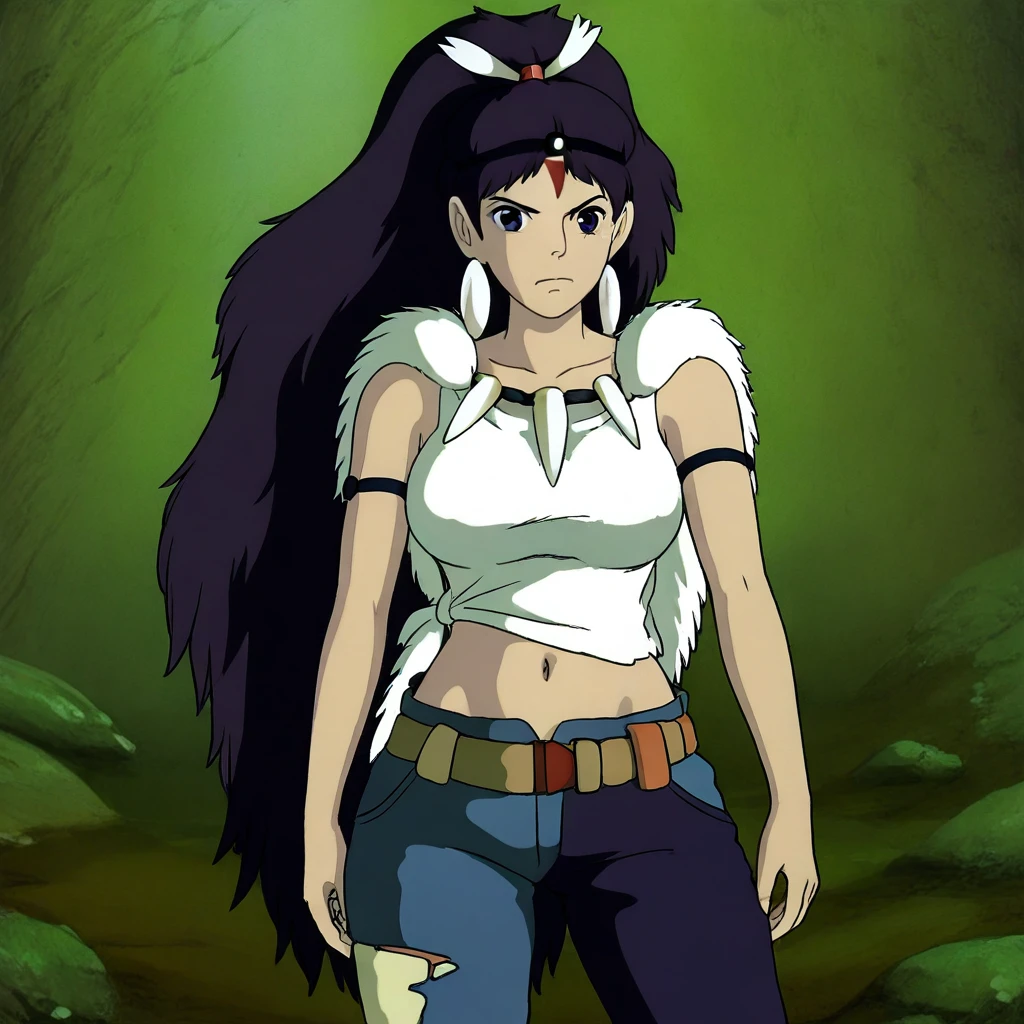 princess_momonoke_style, 1girl, solo, alone, looking at the viewer, asymmetrical clothes, navel, purple eyes, very long hair, tied shirt, midriff, hair ribbon, single pantsleg, white shirt, ponytail, black hair, large breasts, jeans, white ribbon, brown belt, purple hair, asymmetrical legwear, standing, masterpiece, highres