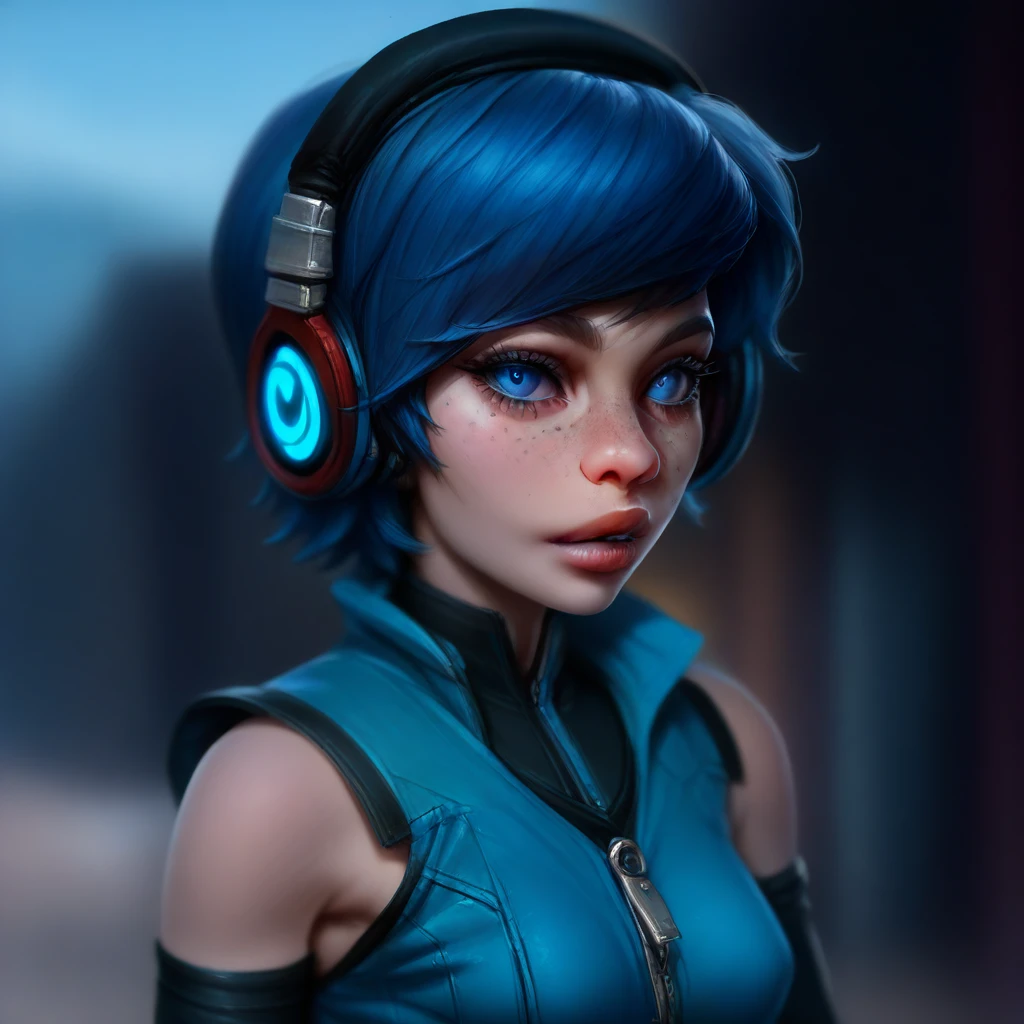 photogenic, masterpiece, 1440p, 8k, UHD, amazing quality, high resolution, traditional media, AvaBL3, 1girl, solo, blue eyes, short hair, headphones, freckles, blue hair, upper body, looking at viewer, zipper, lips, blurry, detached sleeves, nose, sleeveless, blurry background, makeup, eyelashes, parted lips, realistic, breasts, bare shoulders, jewelry