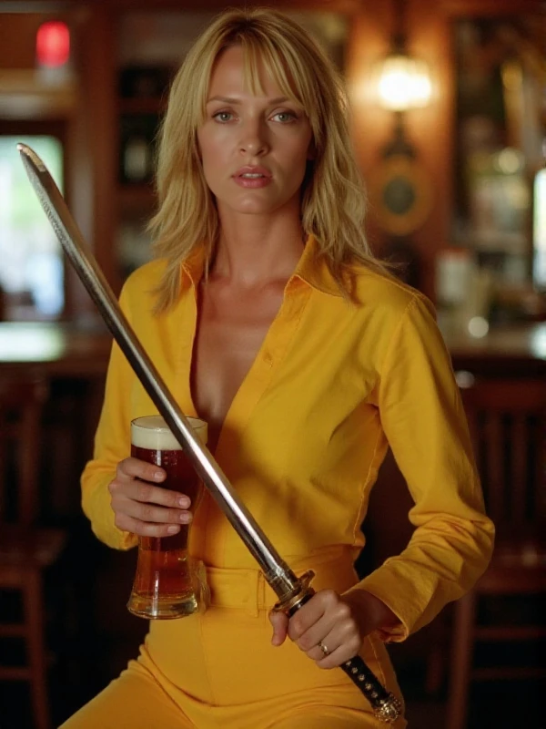 <lora:Beatrix Kiddo:0.9> beatrix kiddo, a blond woman, holding a sword and a beer in a pub. yellow outfit