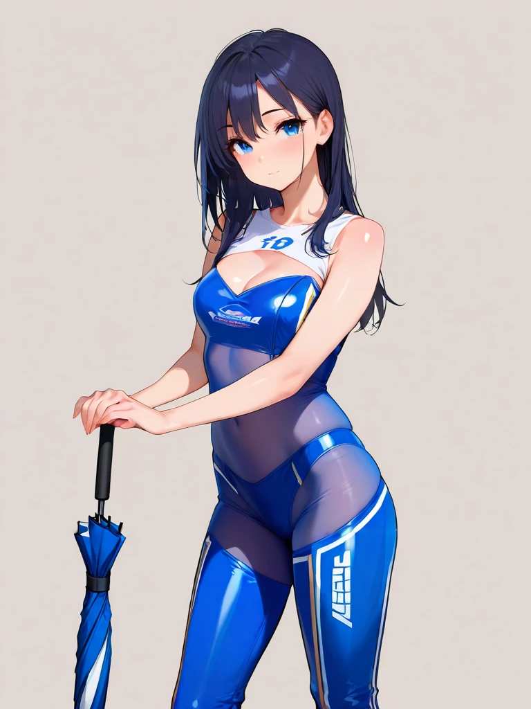 masterpiece,amazing quality,best quality,ultra-detailed,8K,illustration,CG,shiny hair,clear skin,ultra-detailed-eyes,simple background,cute girl, eyelashes <lora:race queen see-through_illustrious_V1.0:1> race queen, see-through, body suit,umbrella