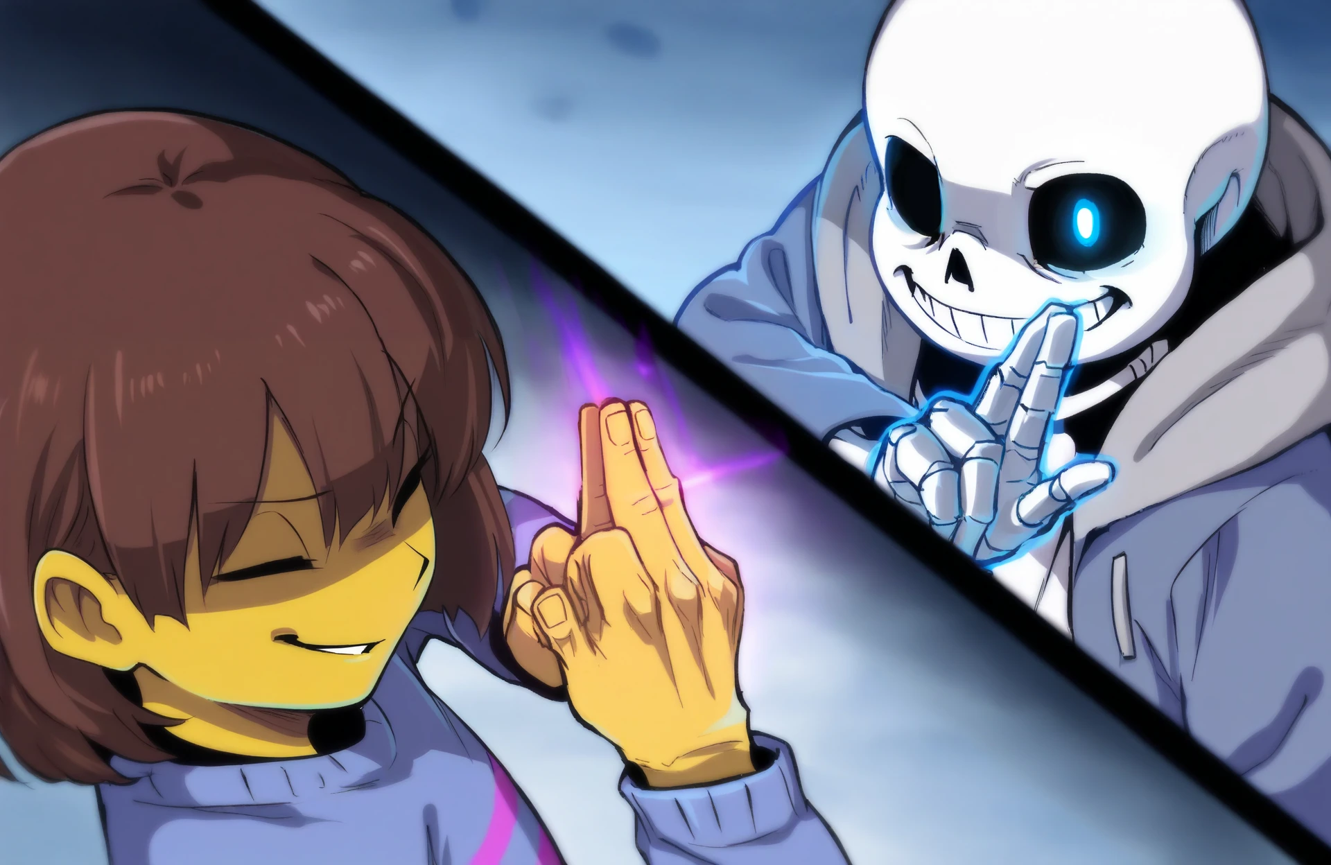 masterpiece, best quality, domain clash, split screen, frisk \(undertale\), sans \(undertale\), smirk,  <lora:DC_v1_NAI-XL:1>