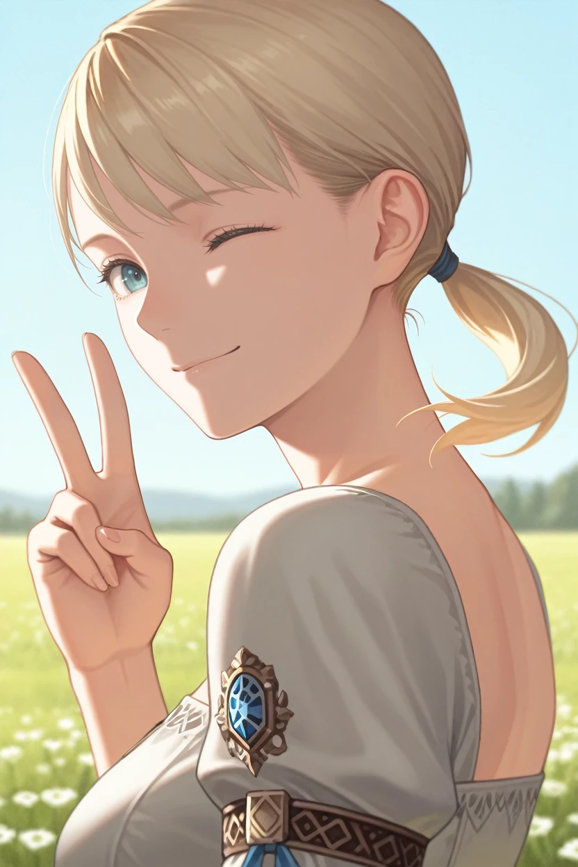 masterpiece, best quality, absurdres,
<lora:HGFiona:1.0>
HGFiona, 1girl, blonde hair, ponytail, blue eyes, looking at viewer, from side, wink, happy, smile, closed mouth, peace sign, flowers, meadow