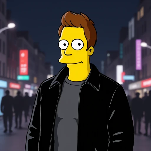 simpsons, a man wearing a leather jacket, and a pompadour hair style, the back ground is a dark city street.