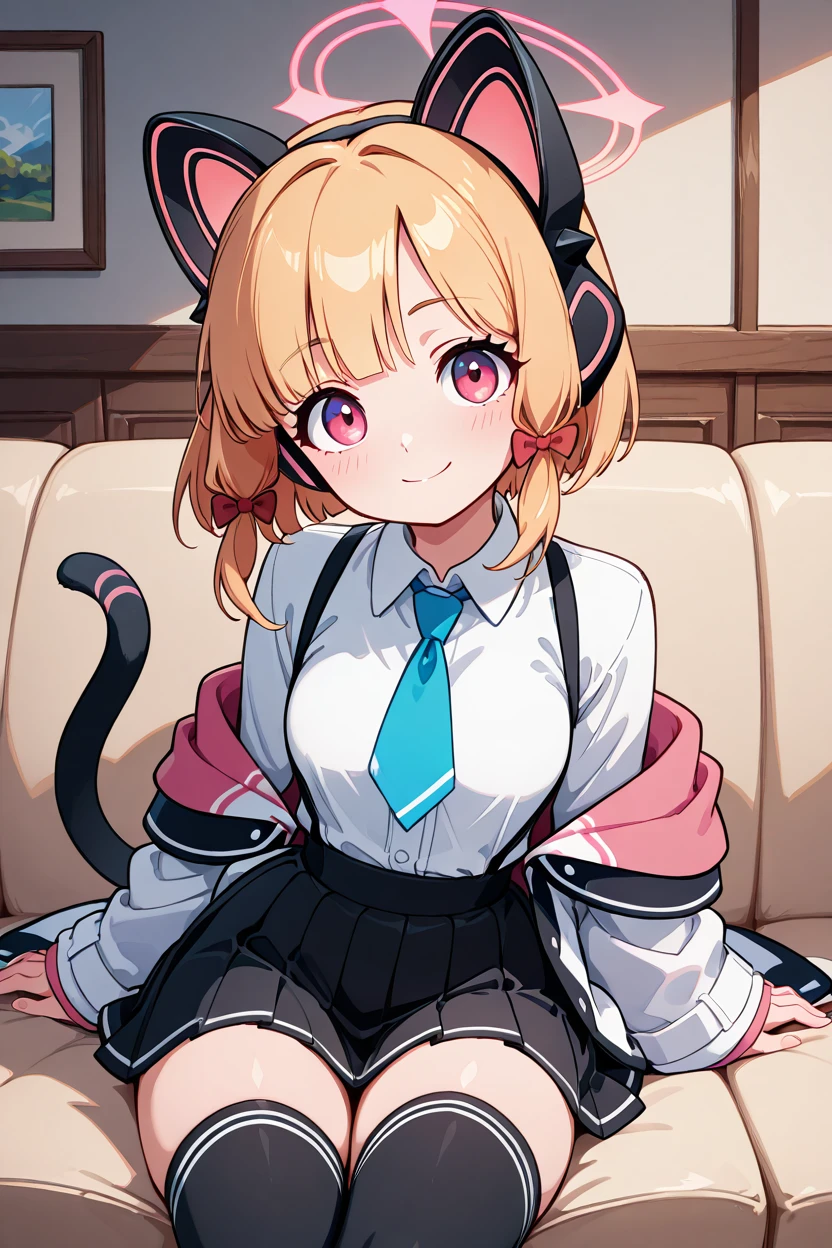 masterpiece, best quality, 1girl, solo, 21 year old model, eyelashes, (beautiful eyes),     ,,, zzMomoi, blonde hair, animal ears, fake animal ears, animal ear headphones, headphones, short hair, bow, halo, cat ear headphones, hair bow, red bow, pink eyes, pink halo, tail, cat tail, red eyes, collared shirt, long sleeves, pleated skirt, white shirt, black skirt, blue necktie, white jacket, wide sleeves, black thighhighs, suspender skirt ,<lora:MomoiBlueArchiveIXL:1.0>,BREAK,,,   smile, curvy, head tilt, sitting on couch, looking at viewer, cowboy shot, <lora:GoldenCATLoraIXL:0.6>, <lora:princess_xl_v2:0.3>,