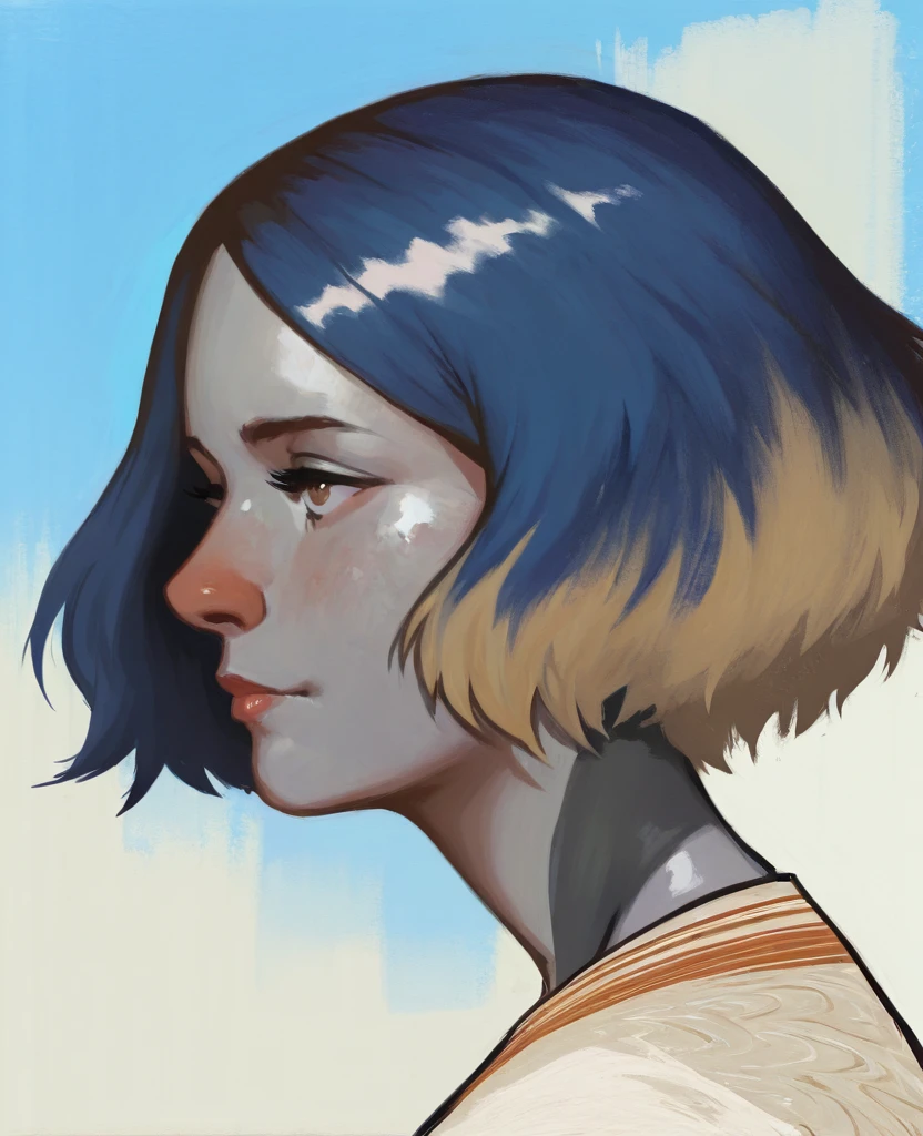 disco_elysium, portrait, woman, side profile, blue hair, blue background, abstract style, mixed media, detailed shading, gray skin, light brown eyes, subtle highlights, close up, painterly , textured brushstrokes, soft shading
<lora:disco_elysium:1.0>, masterpiece, best quality, amazing quality, very aesthetic, absurdres