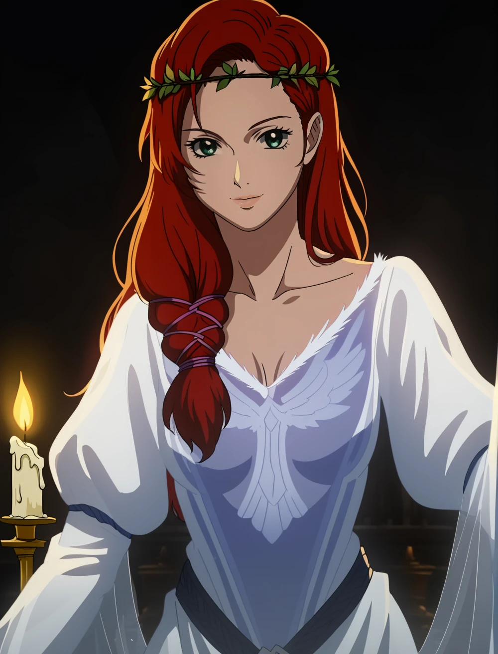 best quality, highres, HeraHammerhand, solo, red hair, long hair, braid, green eyes, white dress, white dress belt, flowing sleeves, head wreath, puffy sleeves, breasts, realistic background, blurry background, bokeh, shadows, shadow, looking at viewer, dynamic pose, dynamic angle, close-up, smile, candlelight, candle, dim lighting, indoors, dark scenery, dark. <lora:HeraLOTR:0.95>