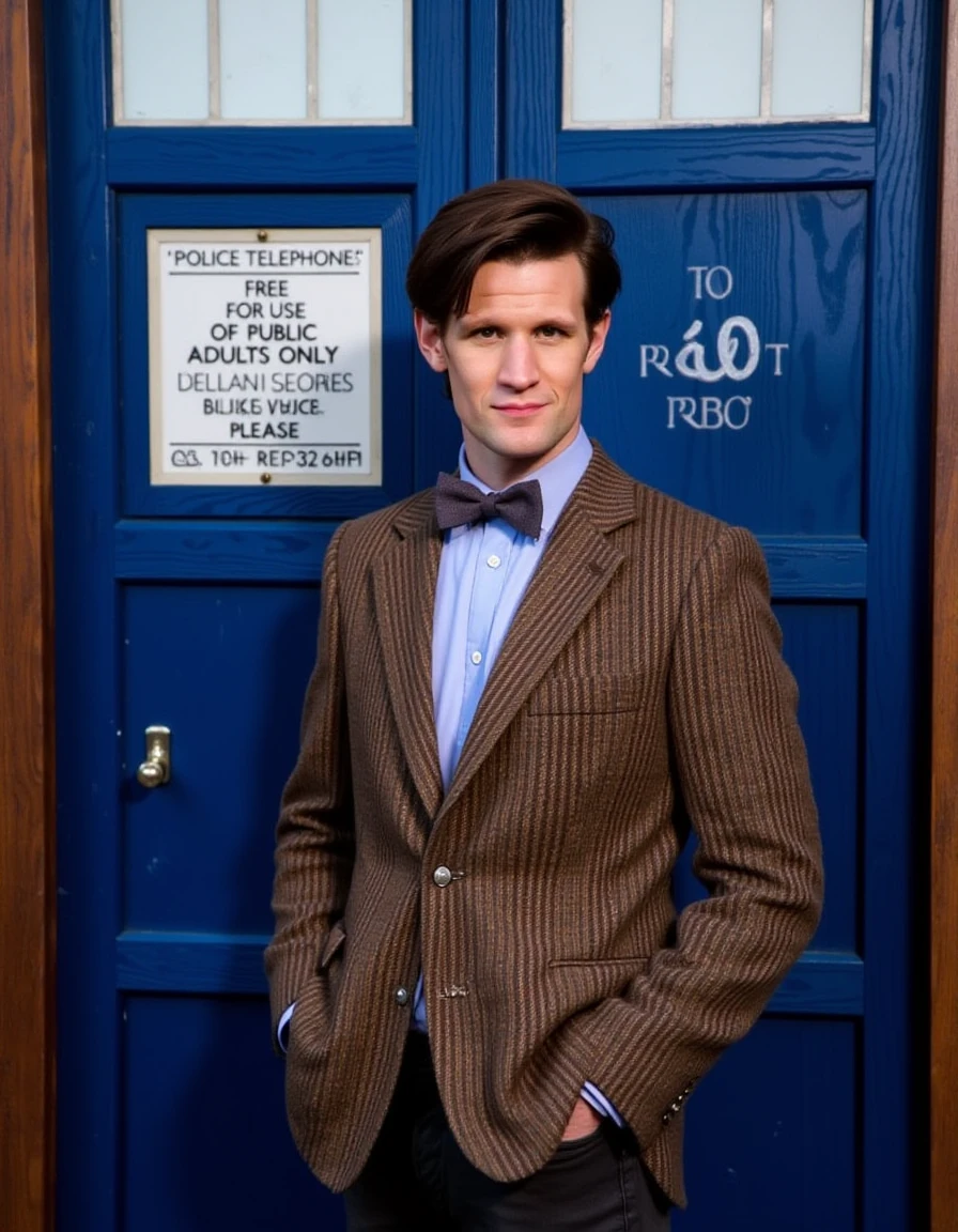 <lora:Matt_Smith_Flux:1> This photograph features a man standing in front of a classic blue police box, a well-known feature from the television series "Doctor Who." The man is positioned slightly to the right of the center of the image. The man has short, neatly styled brown hair and is wearing a classic, brown tweed blazer with a subtle checkered pattern. Underneath the blazer, he has on a light blue dress shirt with a button-down collar, which is slightly visible. He accessorizes with a dark gray bow tie. The man appears relaxed, with his hands casually placed in his pockets.
The blue police box behind him is a prominent feature of the image. It has a wooden frame with a deep blue door and a small window with a white grid pattern. A sign attached to the door reads "POLICE TELEPHONE FREE FOR USE OF PUBLIC ADULTS ONLY PLEASE PULL TO OPEN." The sign is white with black text, and it is affixed to the door with a small metal bracket.