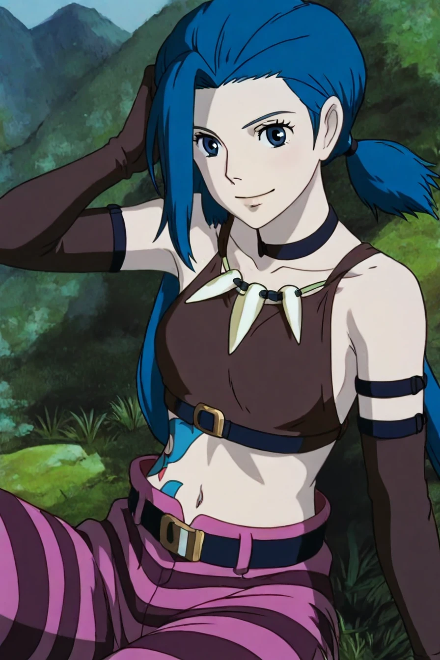 <lora:JinxPDXL:0.6>, (jinx:0.6), blue hair, pale skin, choker, smile, blue eyes, long blue twin pigtails, tattoo,crop top, sleeve, armbands, purple striped pants, gloves, belt, 1girl, solo, alone,  <lora:princess_momonoke_style_illustriousXL:1>, princess_momonoke_style, masterpiece, highres