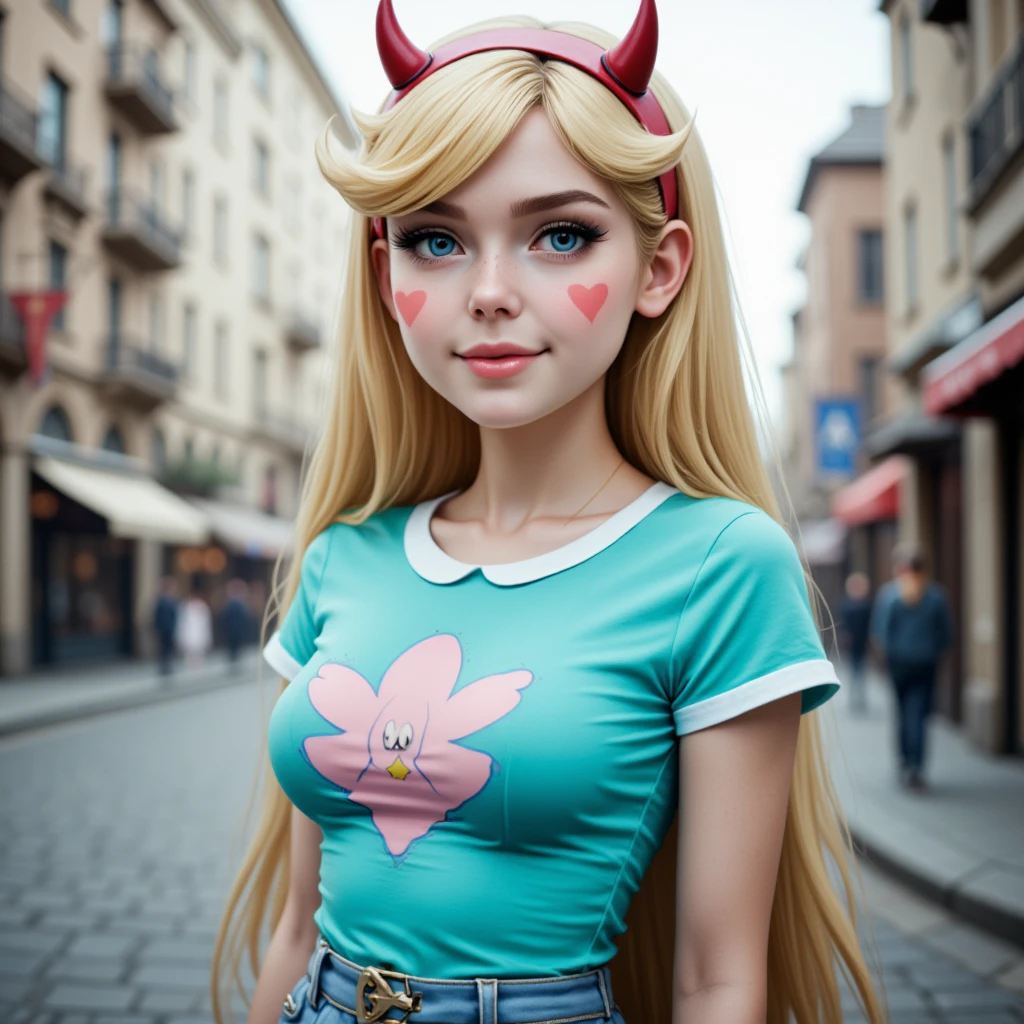 Photo of starbutterfly in a turquoise T-shirts with star, solo, very small breast, beautiful blue eyes, cutie detailed face, blonde hair, facial mark, long hair, horned headwear, very long hair, striped rainbow pantyhose, photorealism, sexy posing for photo in city