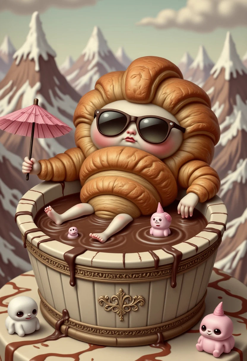 MydenStyle A croissant with delicate arms and legs, lounging in a hot tub filled with molten chocolate. Tiny marshmallow creatures float around it, some wearing swim caps. The hot tub sits atop a mountainous dessert landscape, with ice cream peaks in the background and rivers of caramel winding through the scene. The croissant wears sunglasses and holds a cocktail umbrella, exuding a whimsical yet oddly sophisticated air.