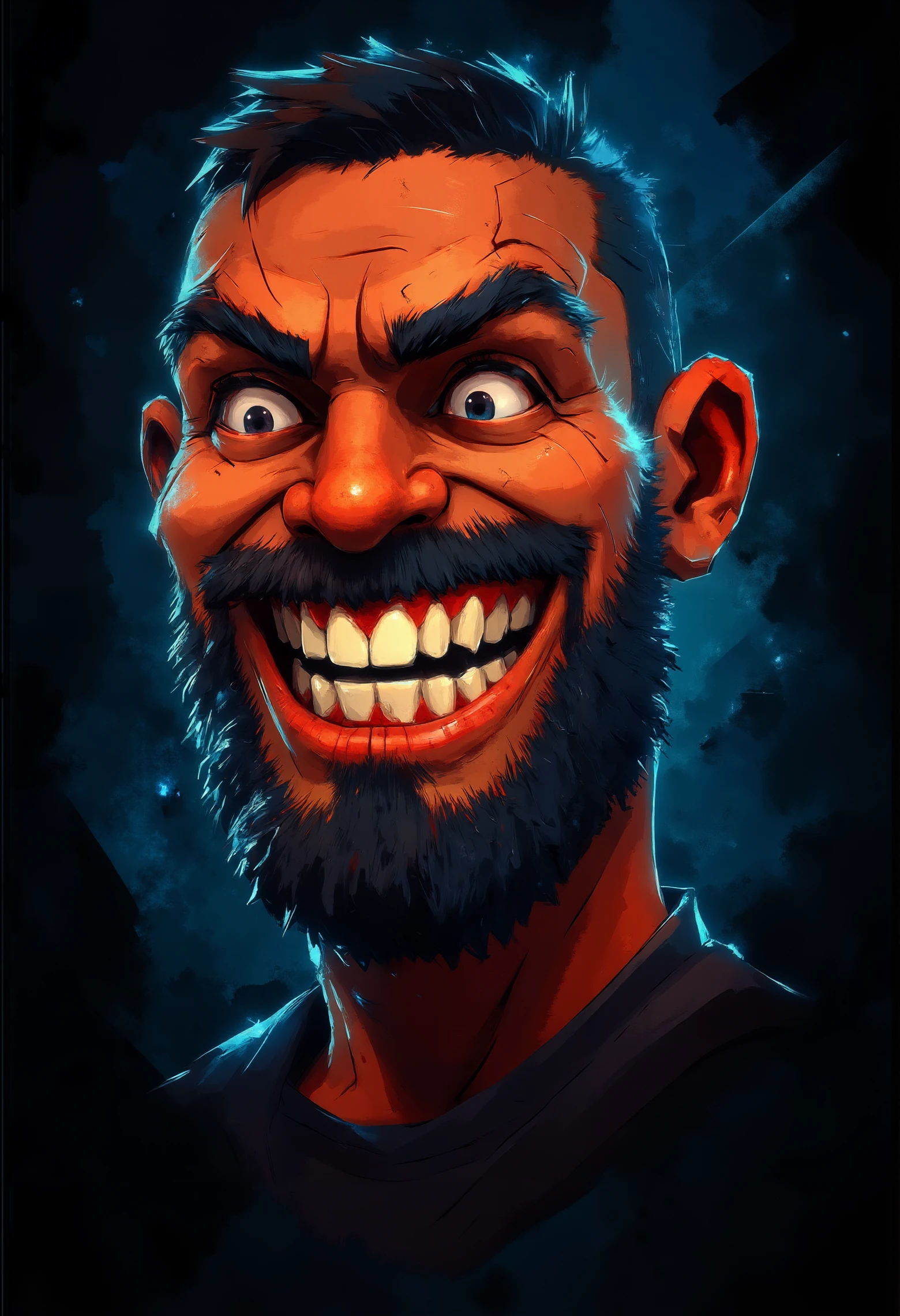 pst009, A man with a satisfied face, smiling with all his teeth, caricature. Bright photo, full-face, only face, one tooth missing