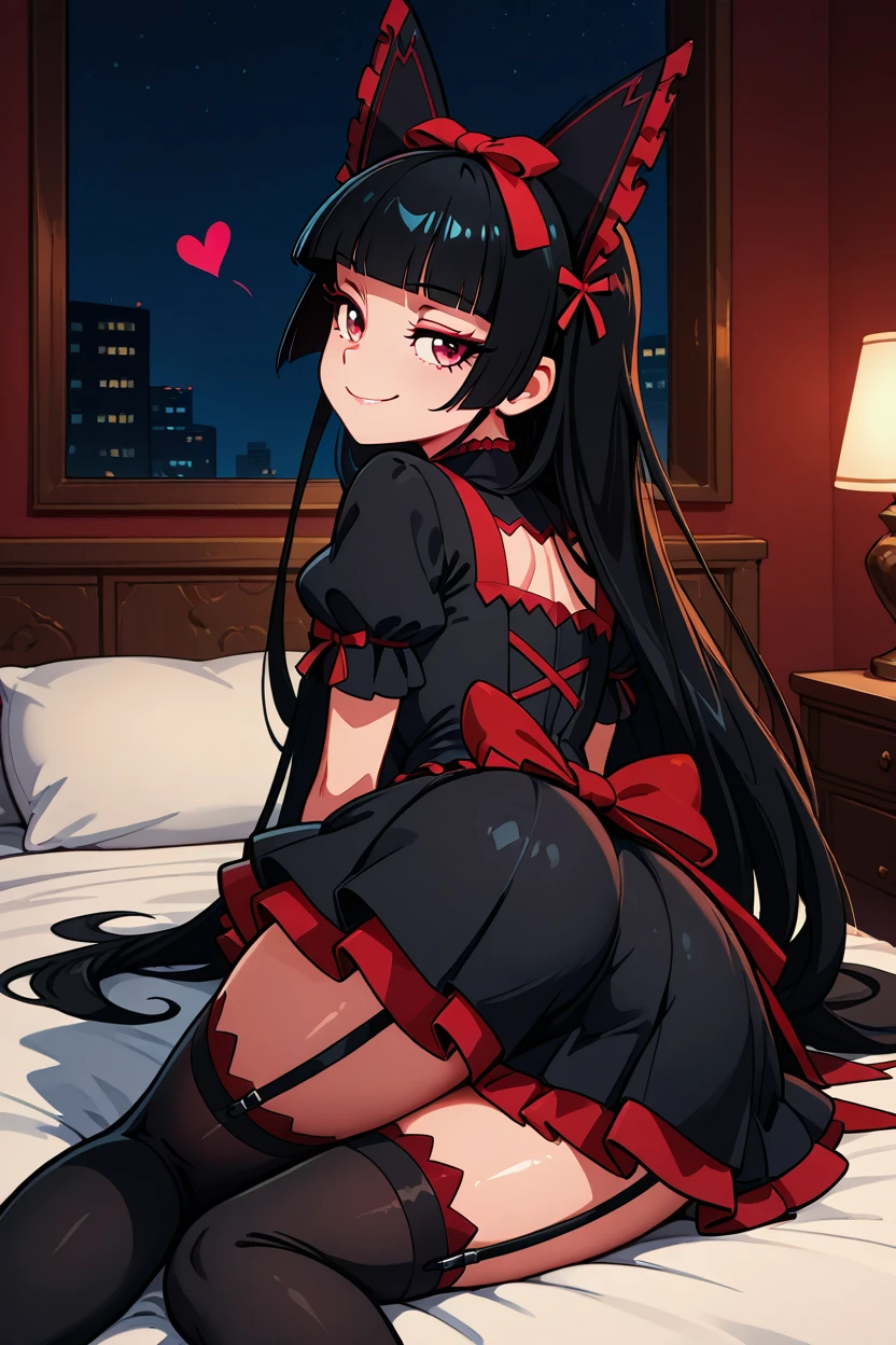 masterpiece, best quality, 1girl, solo, 21 year old model, eyelashes, (beautiful eyes),     ,,, zzRory, rory mercury, red eyes, long hair, black hair, blunt bangs, hime cut, very long hair, hair ribbon, black dress, black thighhighs, garter straps, bow, <lora:RoryMercuryIXL_v3:1.0>,BREAK,,,   night, bed room, from behind, ass, looking back, smirk, heart, smile, looking at viewer, shiny skin,  <lora:GoldenCATLoraIXL:0.8>, <lora:princess_xl_v2:0.3>,