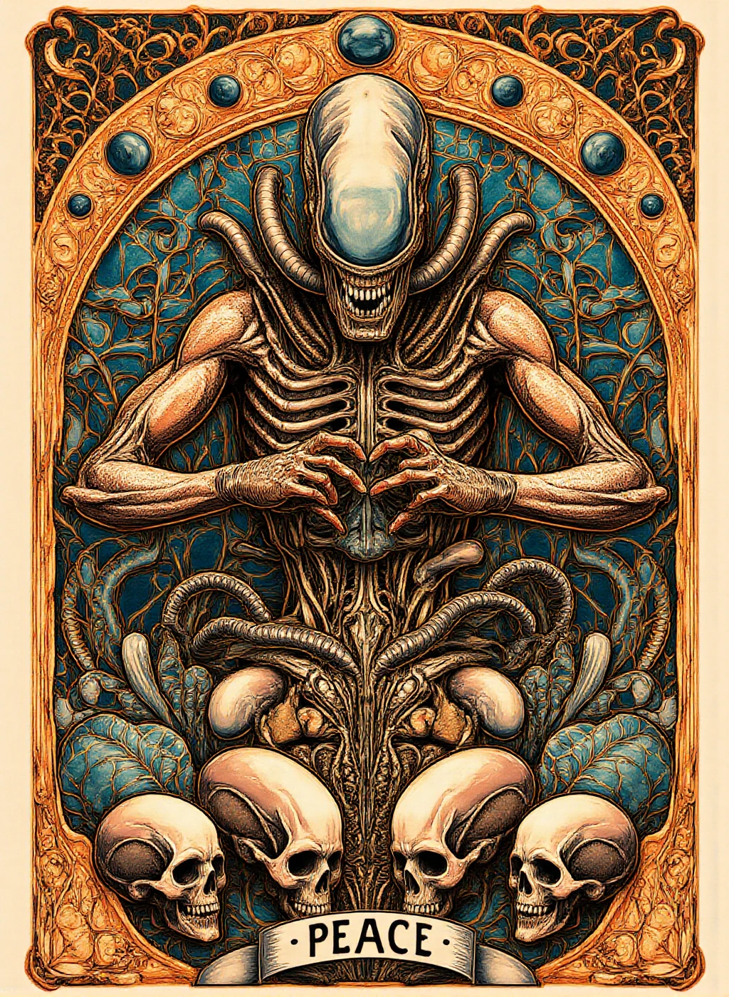 <lora:Art_Nouveau_Style:0.9> art nouveau style, an xenomorph alien making a heart shape with his fingers. Text says "PEACE". Skulls, alien eggs  <lora:Xenomorph:0.7>